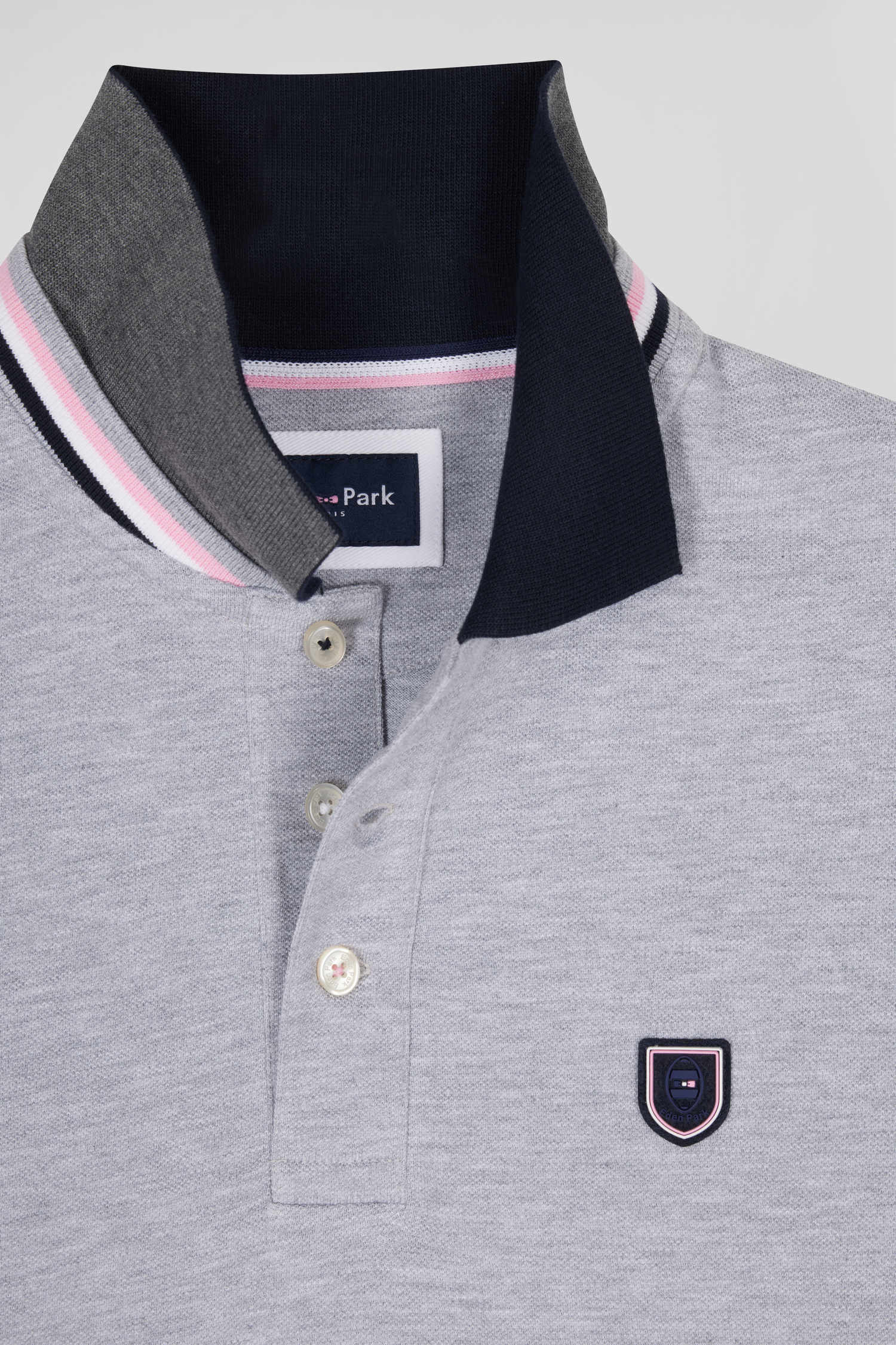 Regular grey long-sleeved cotton piqué polo shirt with rubber badge