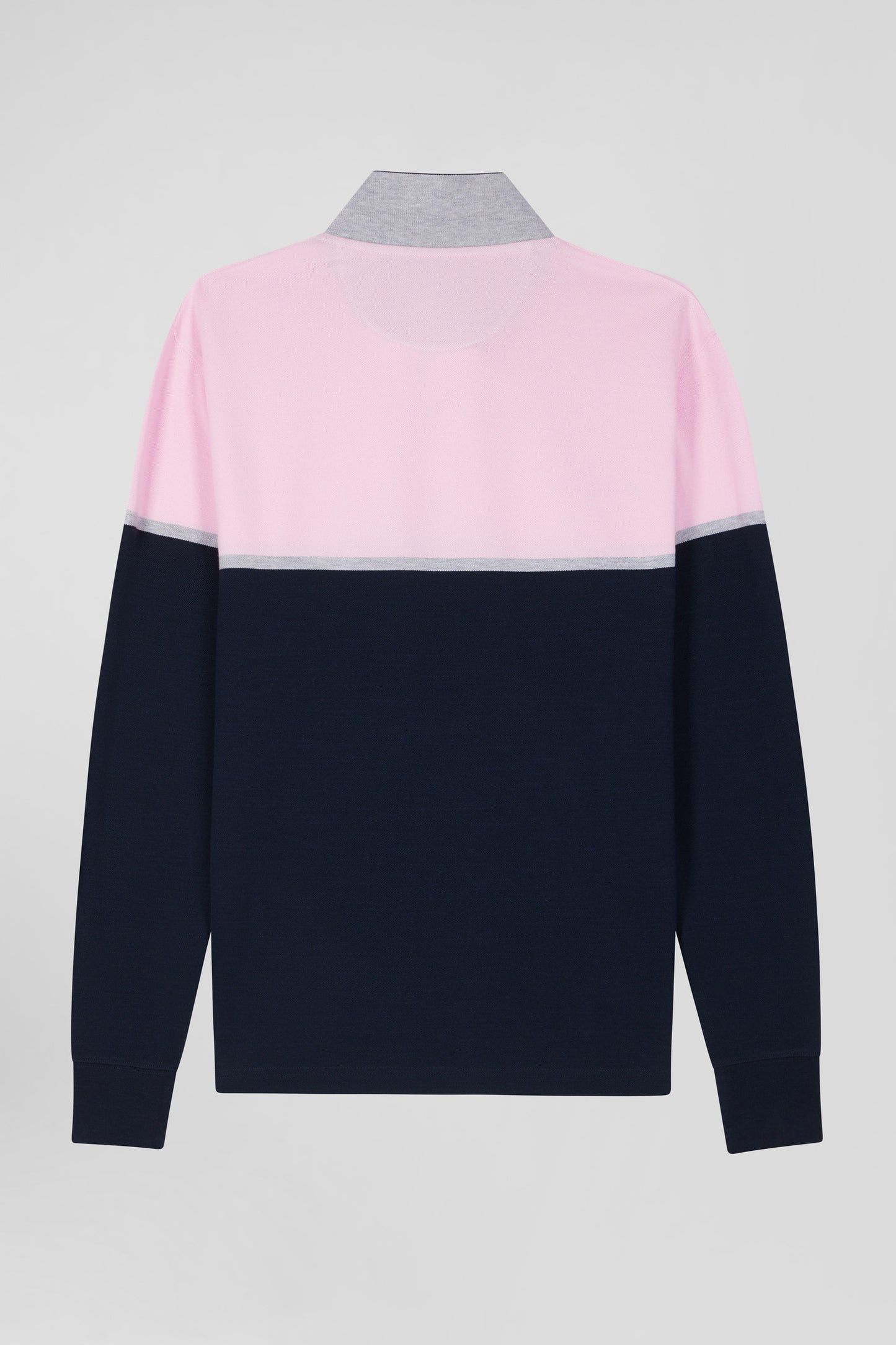 Regular navy blue bicolor long-sleeved cotton piqué polo shirt