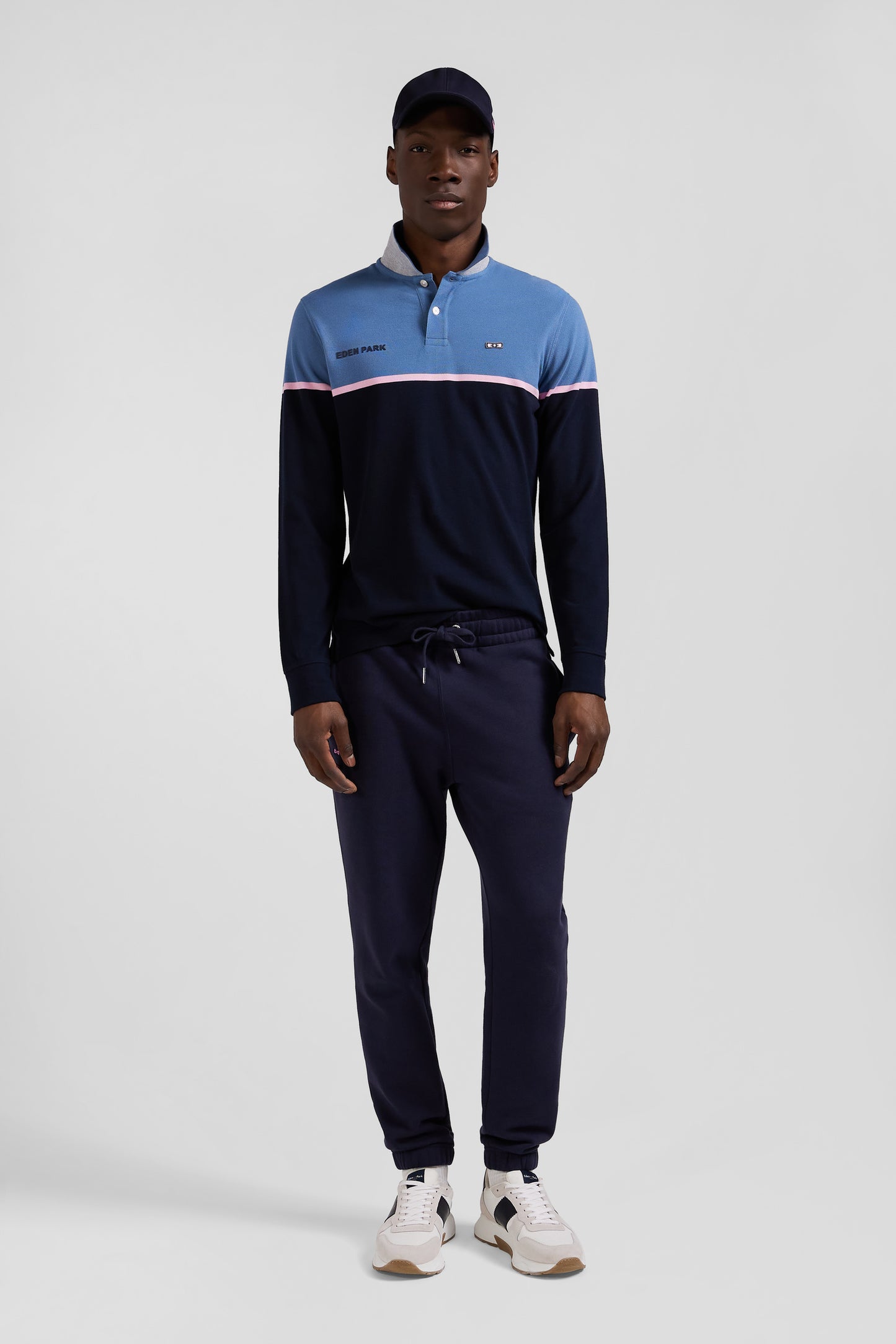 Regular blue bicolor long-sleeved cotton piqué polo shirt