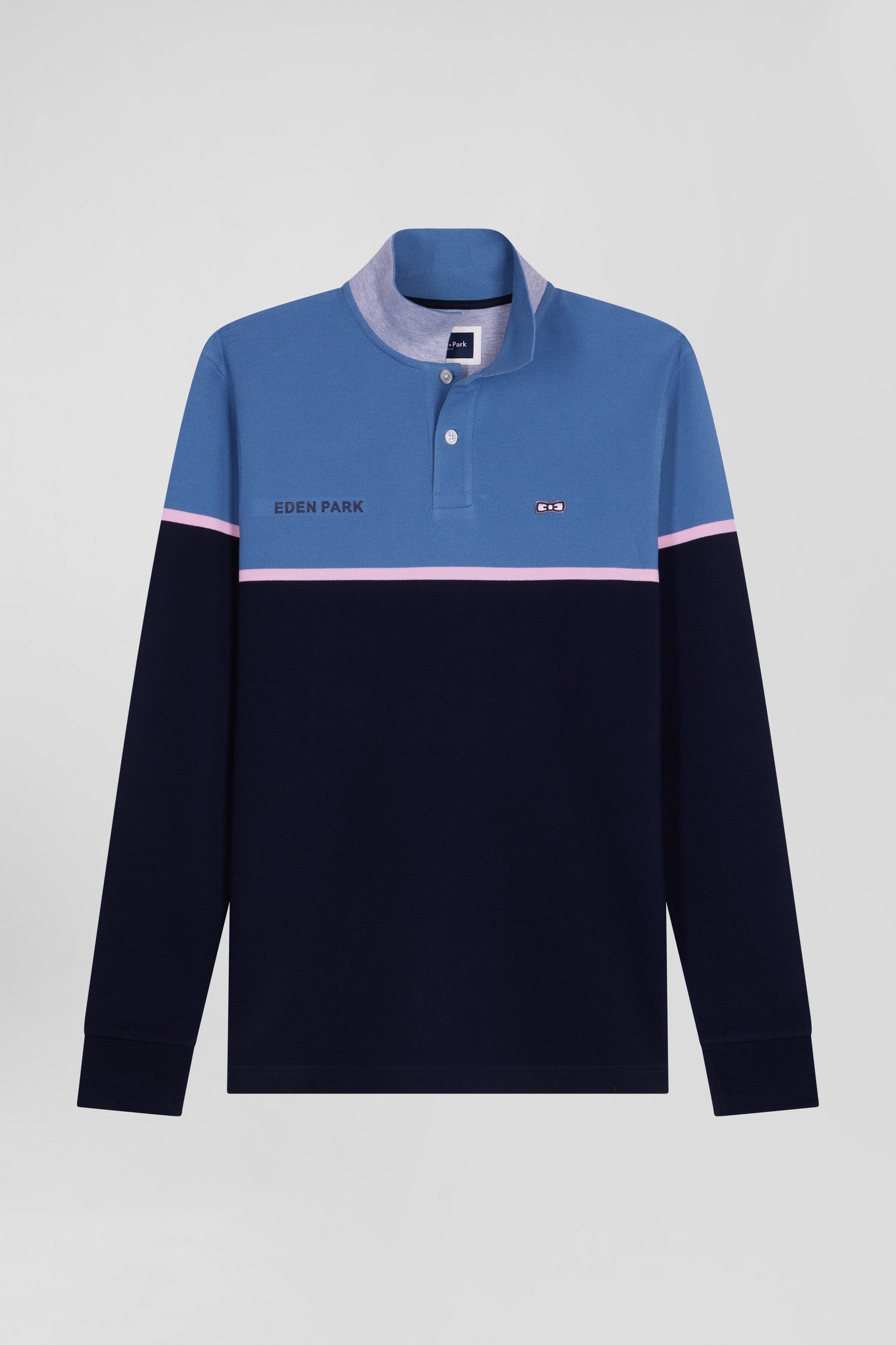 Regular blue bicolor long-sleeved cotton piqué polo shirt