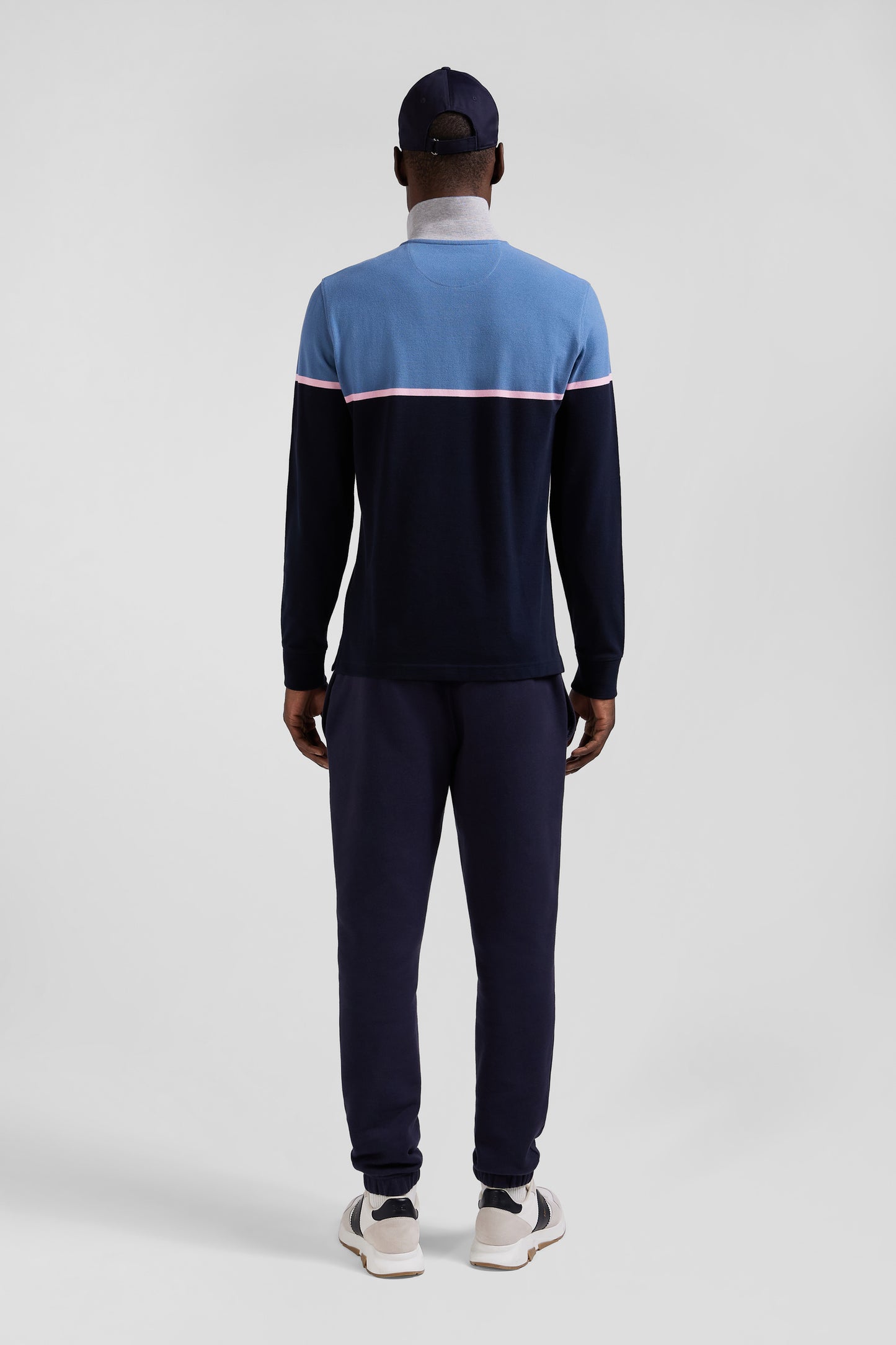 Regular blue bicolor long-sleeved cotton piqué polo shirt