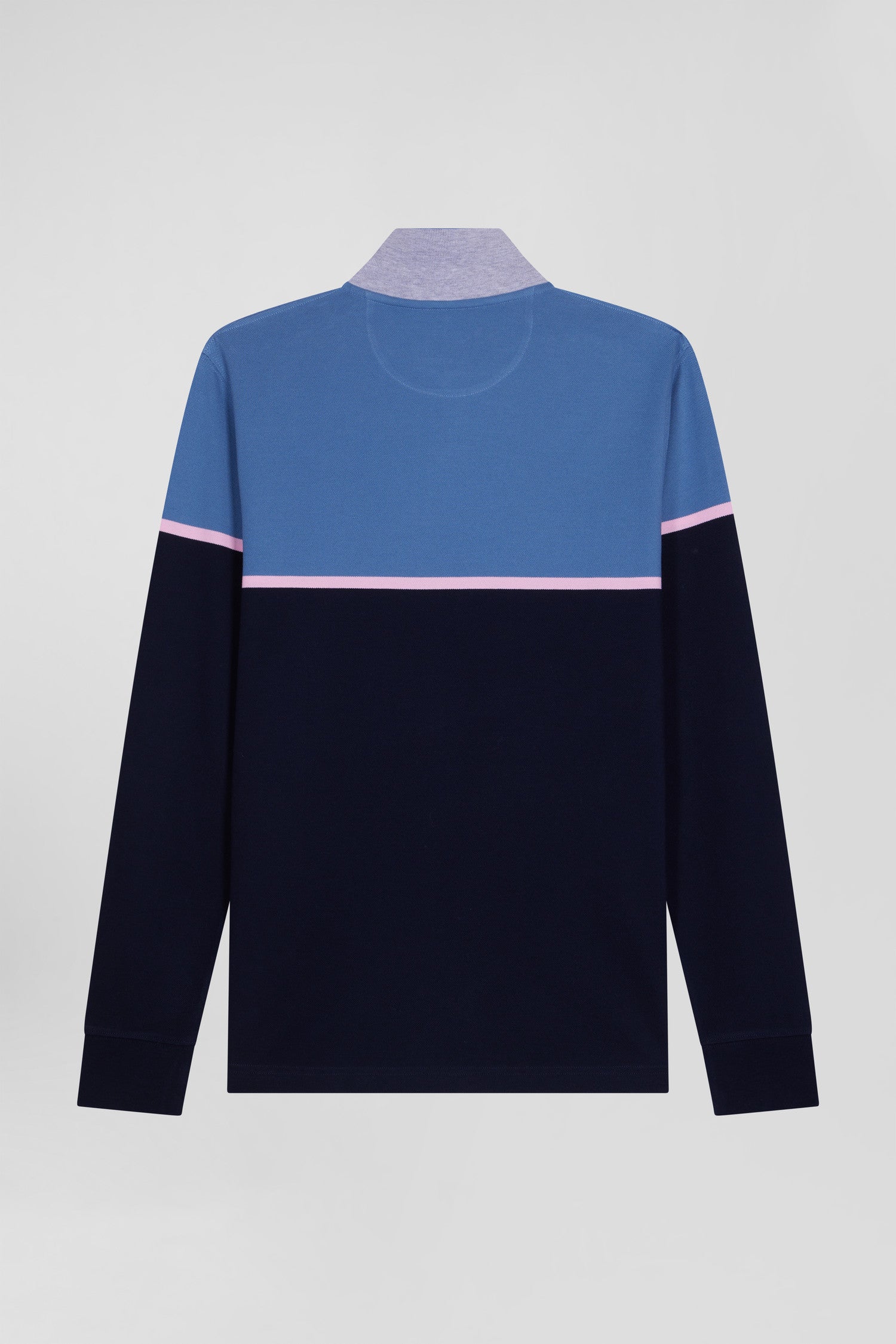 Regular blue bicolor long-sleeved cotton piqué polo shirt