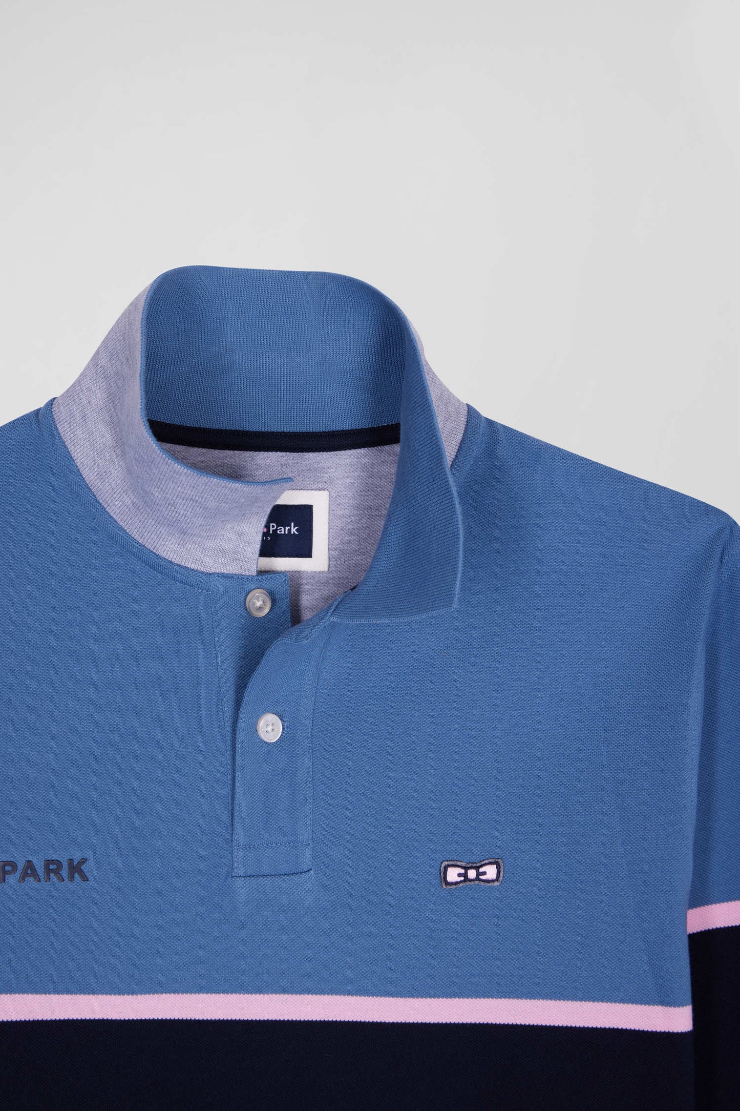 Regular blue bicolor long-sleeved cotton piqué polo shirt