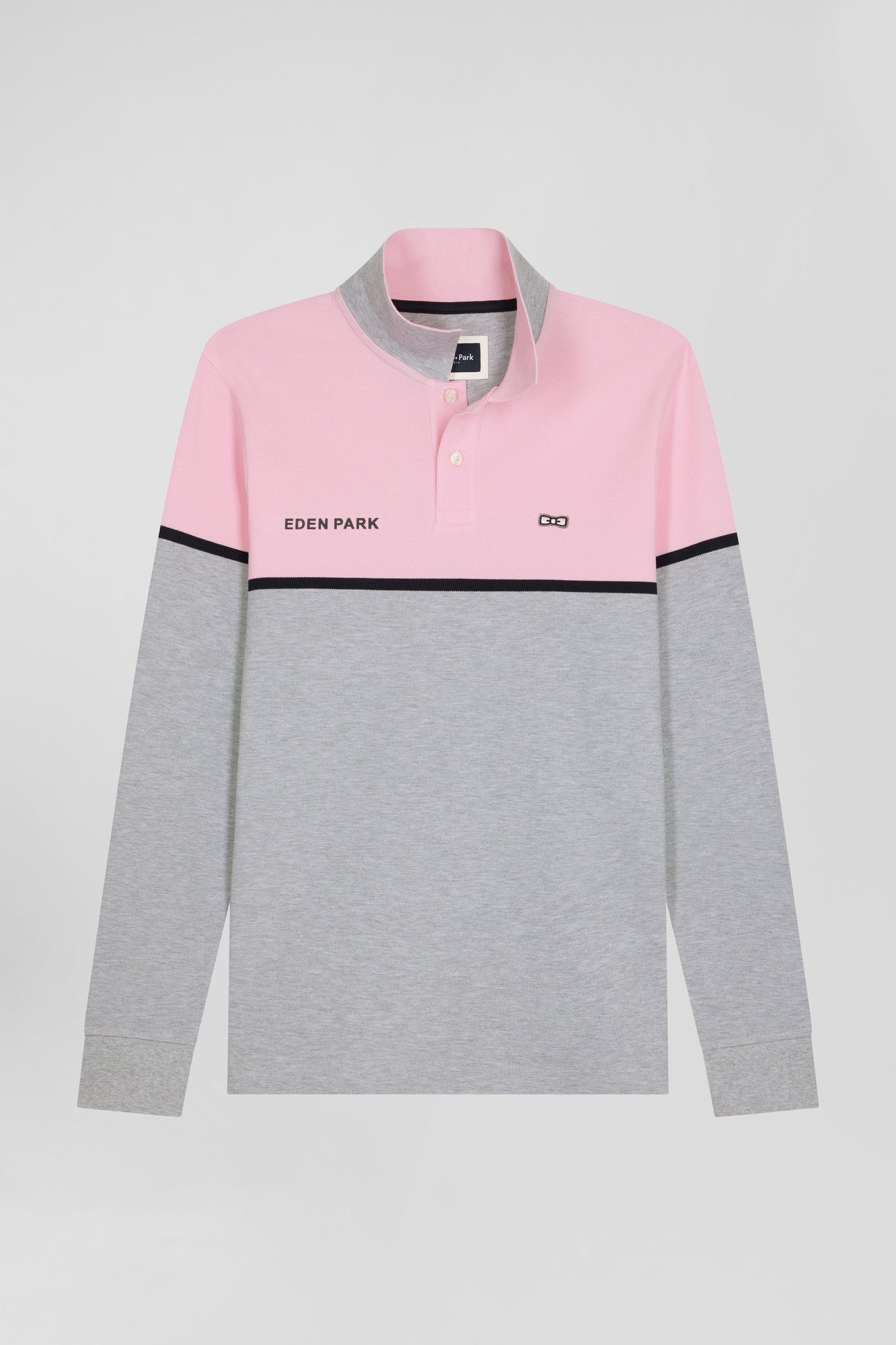 Regular pink bicolor long-sleeved cotton piqué polo shirt