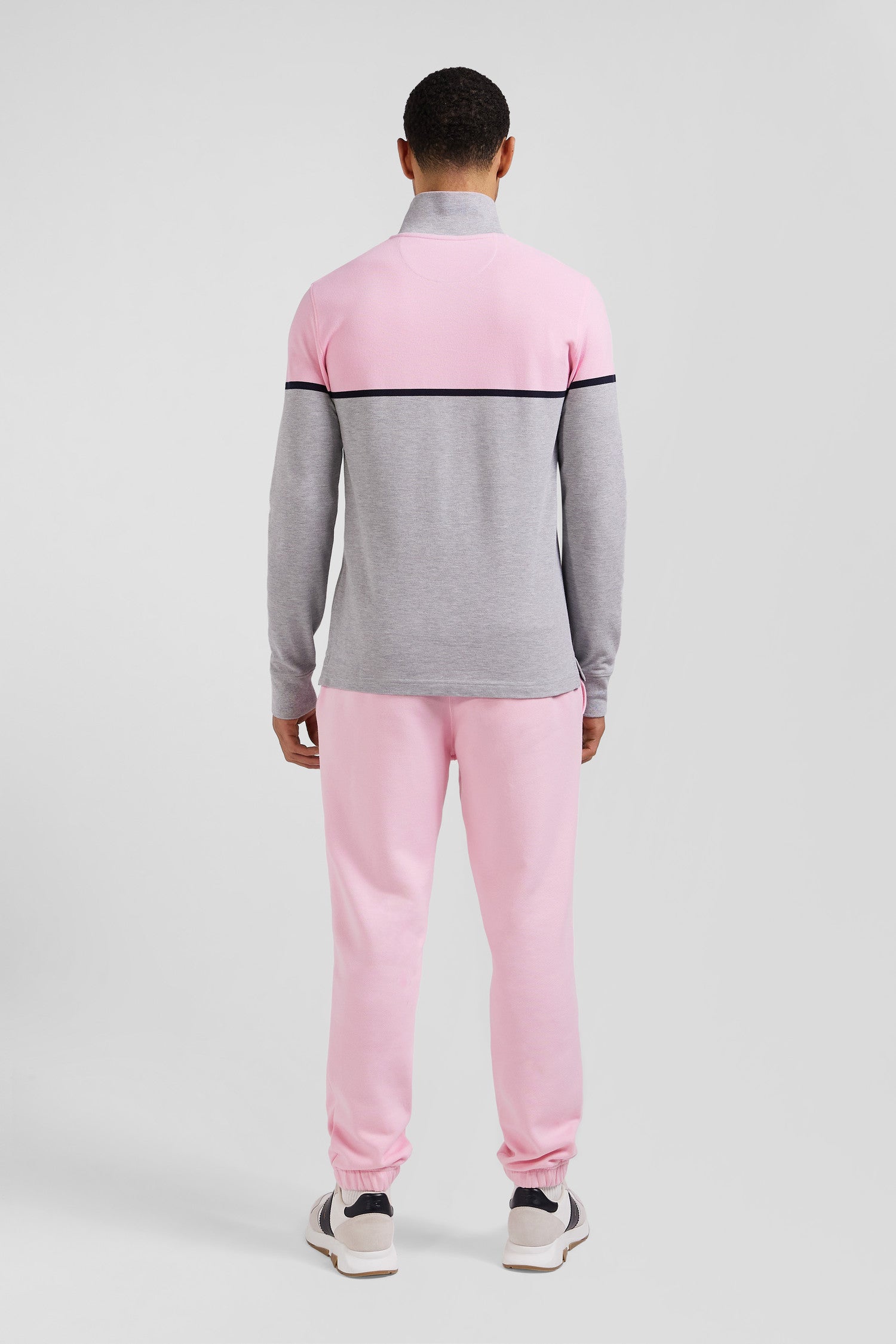 Regular pink bicolor long-sleeved cotton piqué polo shirt