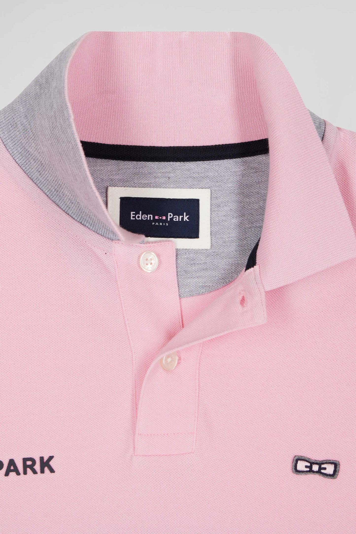 Regular pink bicolor long-sleeved cotton piqué polo shirt