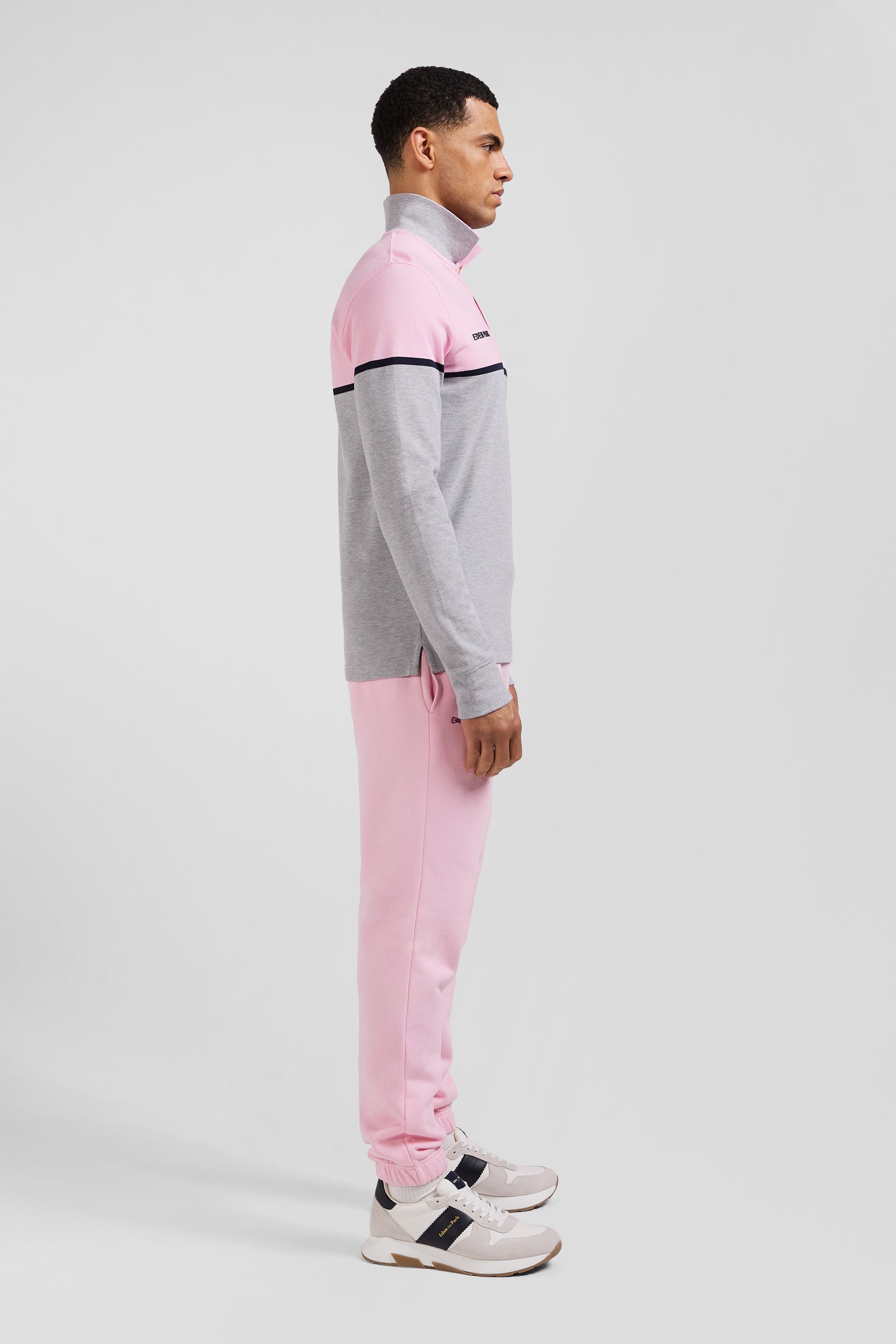 Regular pink bicolor long-sleeved cotton piqué polo shirt