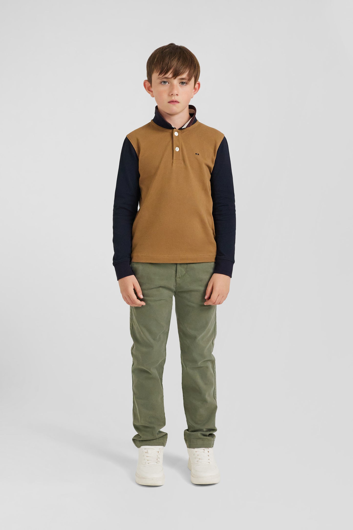 Eden Park regular fit polo shirt, long sleeves, cotton piqué, hazelnut, jacquard tricolour collar