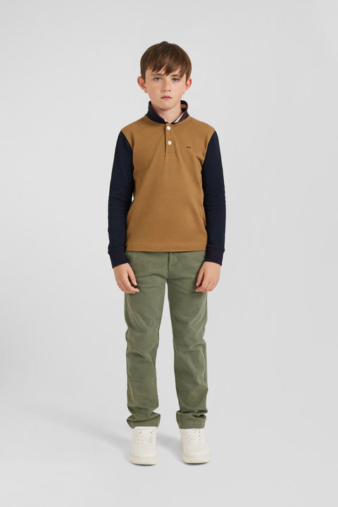 Eden Park regular fit polo shirt, long sleeves, cotton piqué, hazelnut, jacquard tricolour collar - Image 1