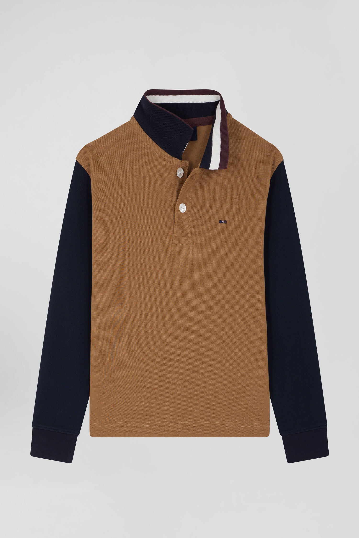 Regular camel long-sleeved cotton piqué polo shirt with tricolour Eden Park jacquard collar