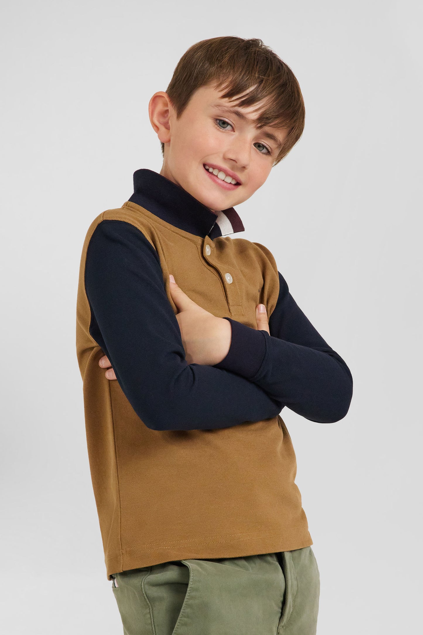 Eden Park regular fit polo shirt, long sleeves, cotton piqué, hazelnut, jacquard tricolour collar