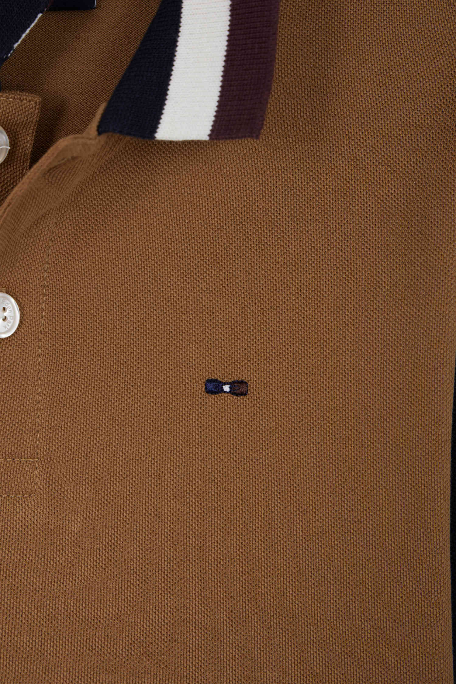 Regular camel long-sleeved cotton piqué polo shirt with tricolour Eden Park jacquard collar