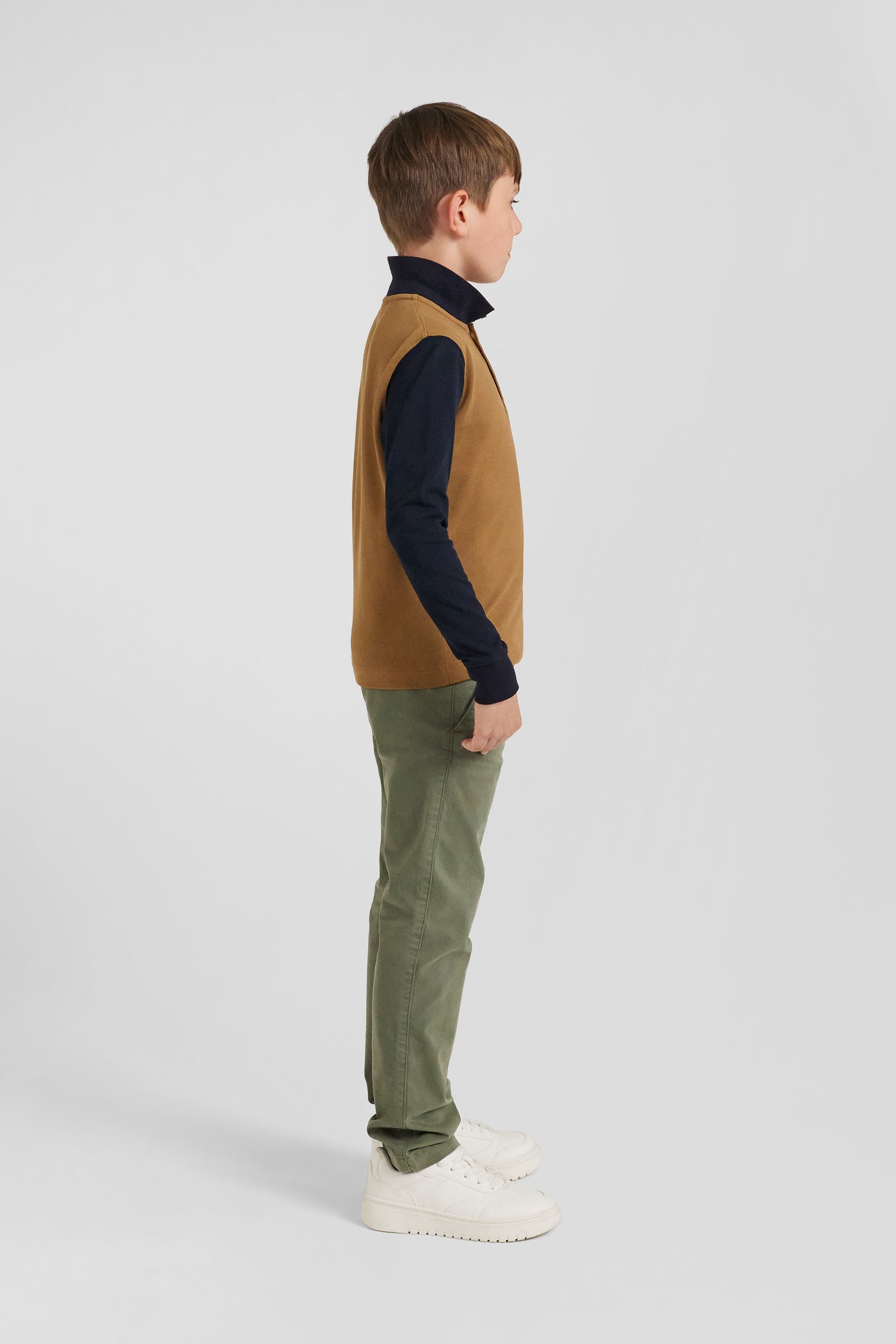 Regular camel long-sleeved cotton piqué polo shirt with tricolour Eden Park jacquard collar