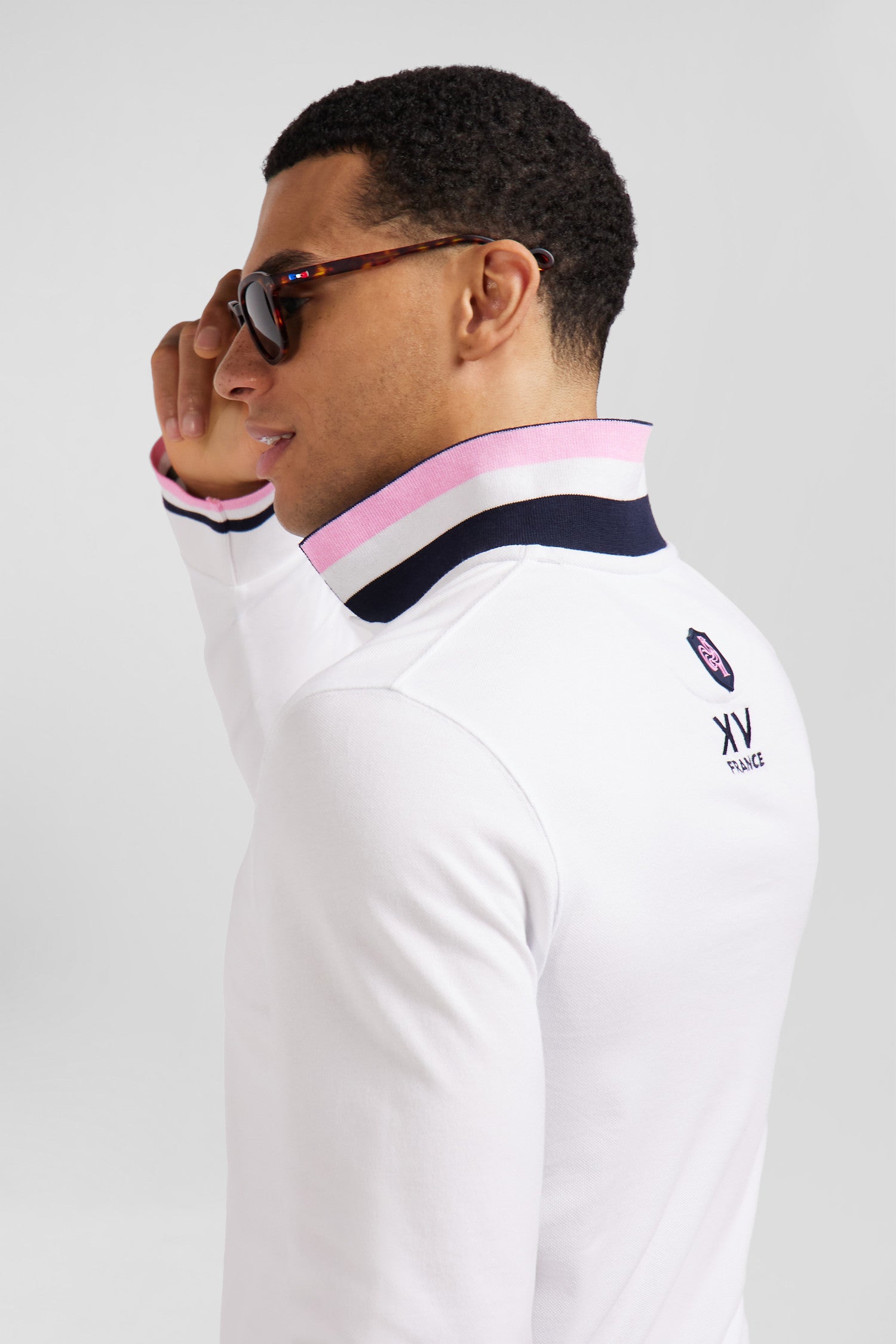 Regular white long-sleeved cotton piqué polo shirt with XV de France embroidery