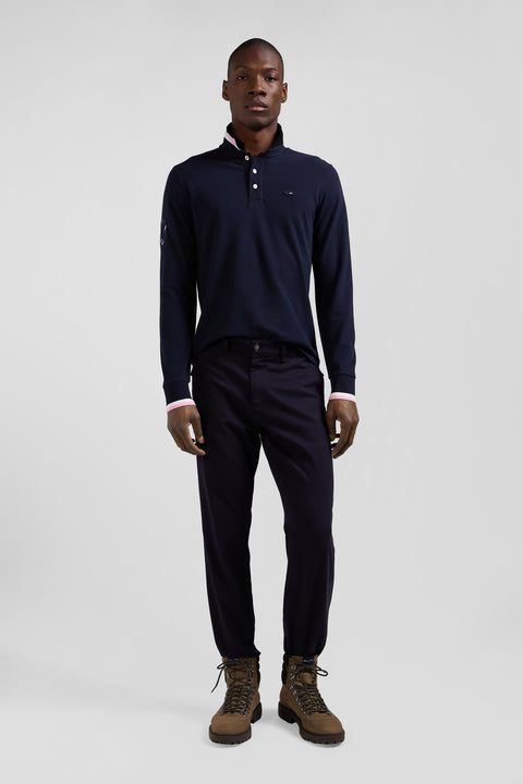 Regular navy long-sleeved cotton piqué polo shirt with XV de France embroidery - Image 1