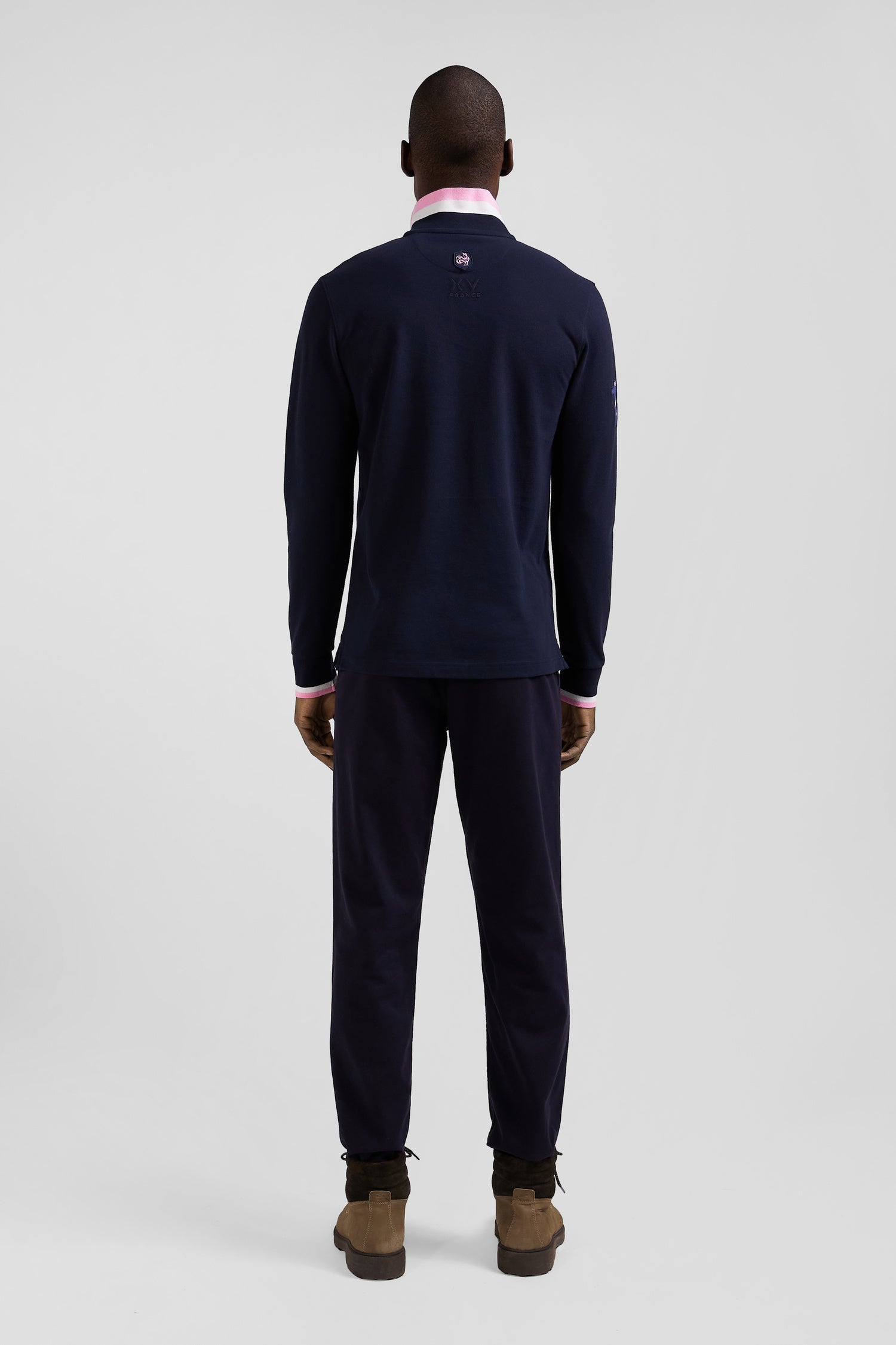 Regular navy long-sleeved cotton piqué polo shirt with XV de France embroidery