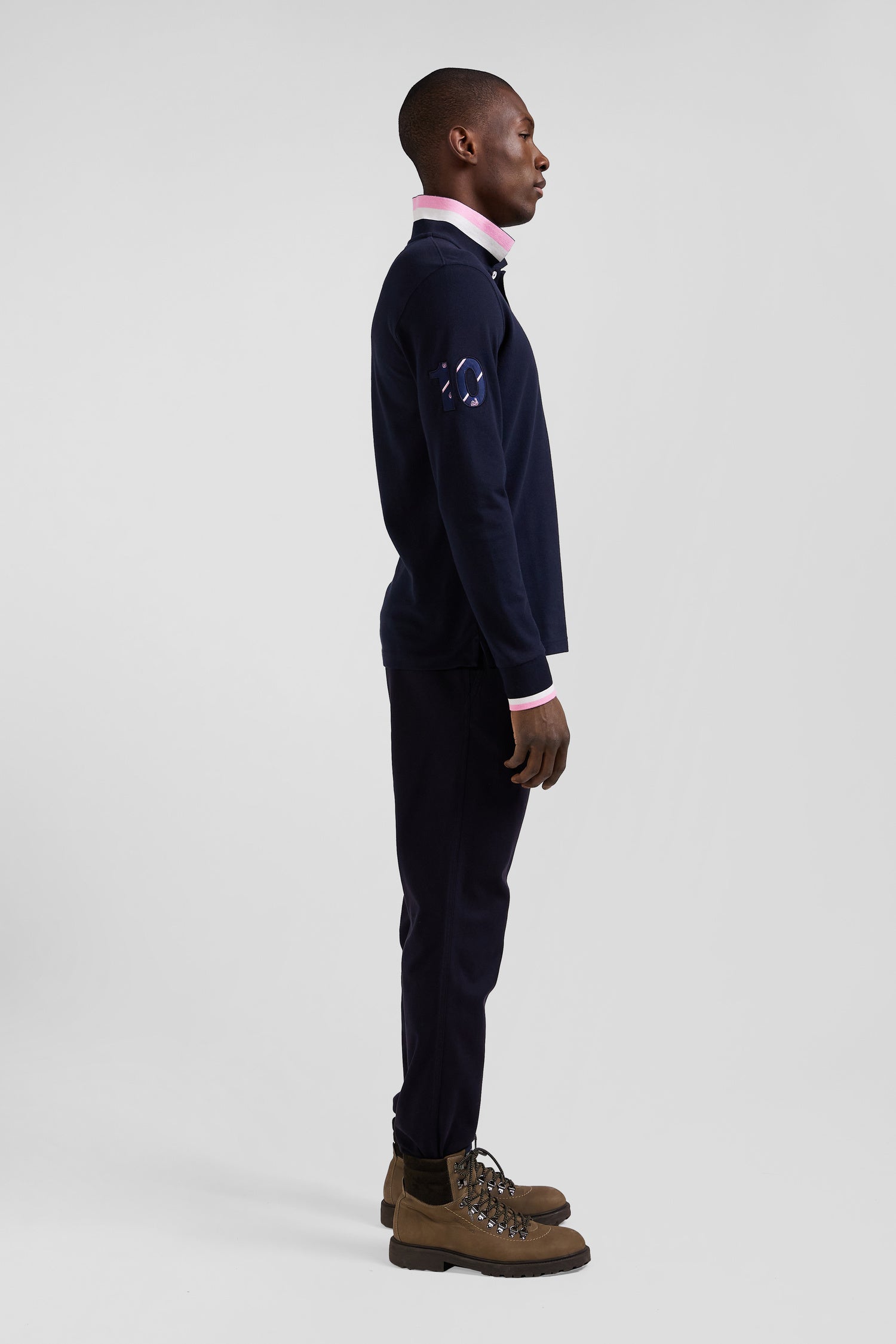 Regular navy long-sleeved cotton piqué polo shirt with XV de France embroidery