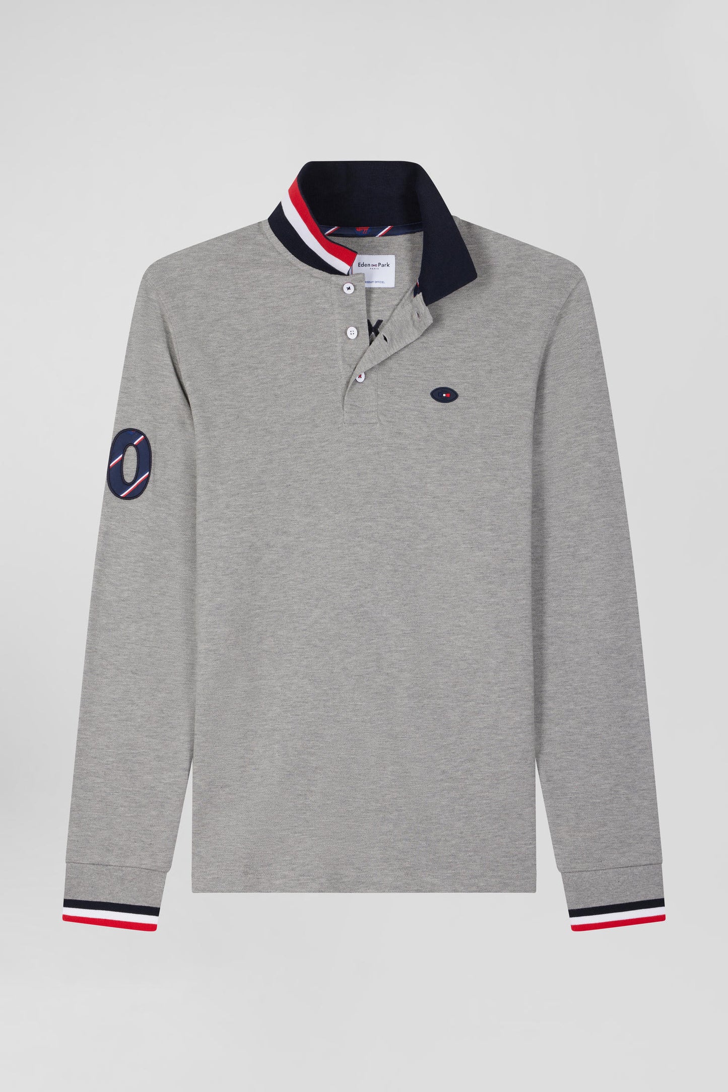 Regular grey long-sleeved cotton piqué polo shirt with XV de France embroidery