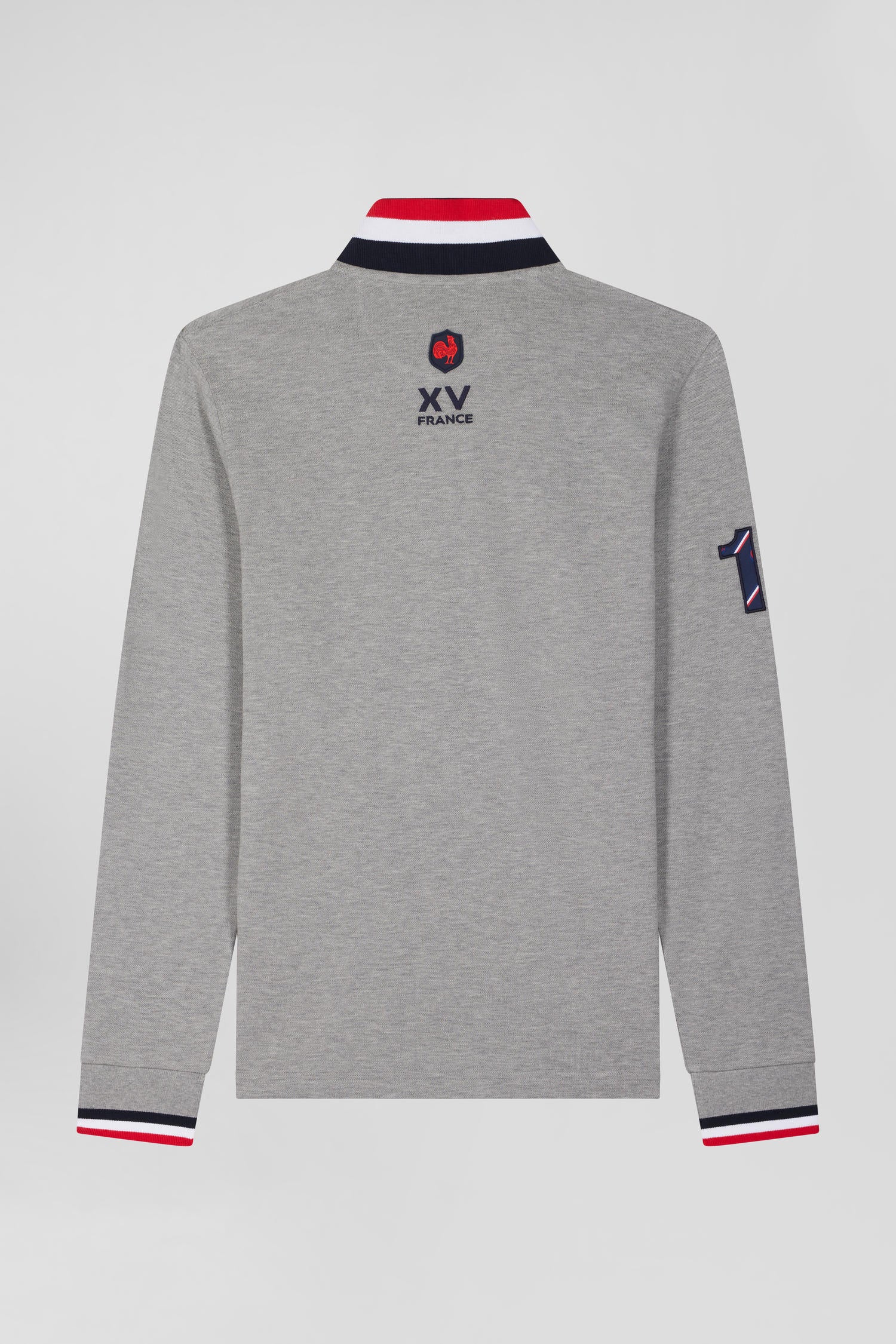 Regular grey long-sleeved cotton piqué polo shirt with XV de France embroidery