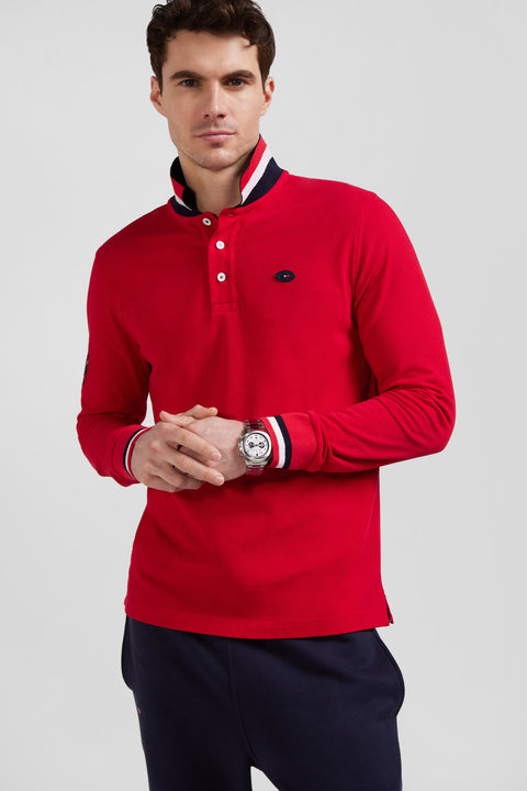 Regular red long-sleeved cotton piqué polo shirt with XV de France embroidery - Image 3