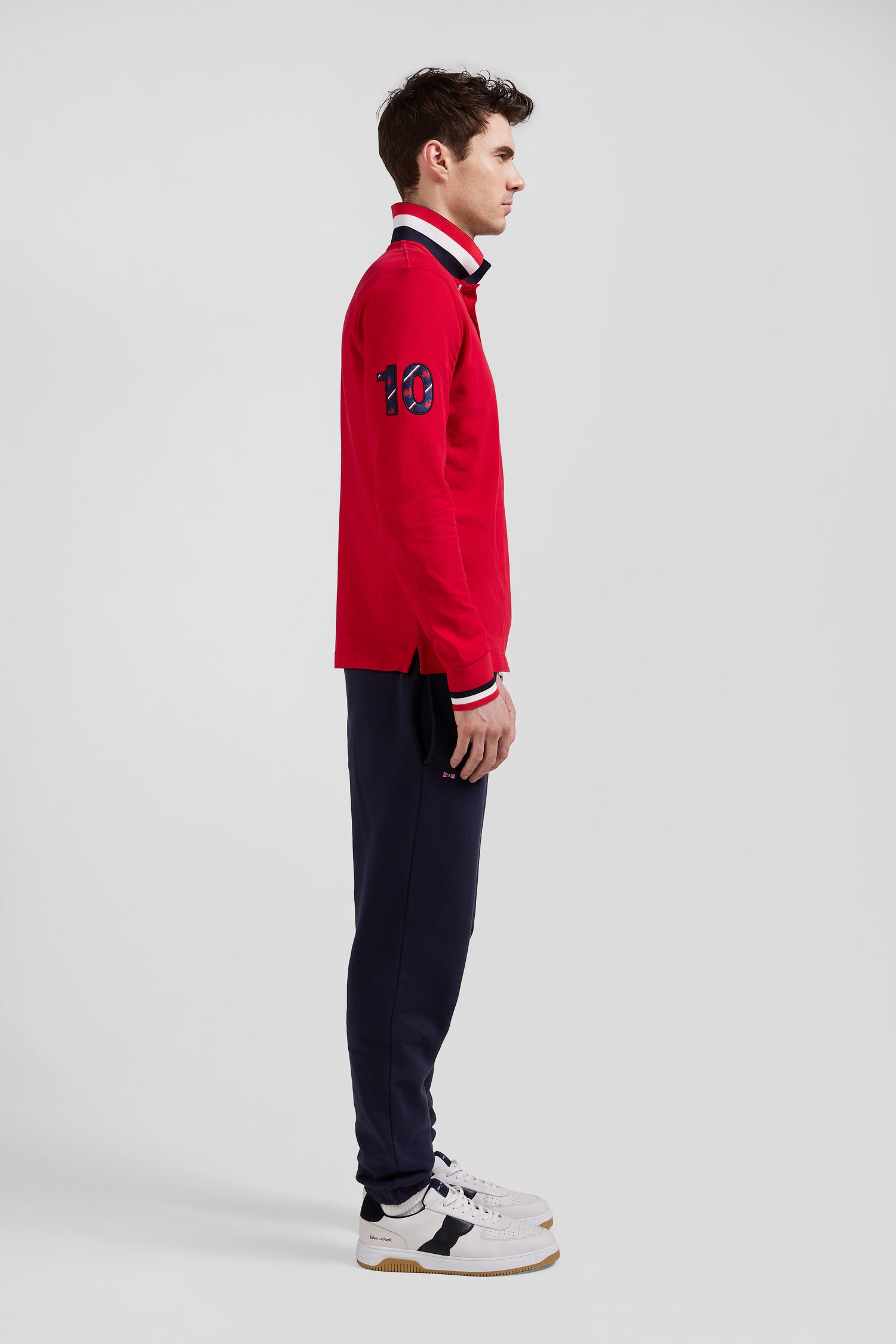 Regular red long-sleeved cotton piqué polo shirt with XV de France embroidery