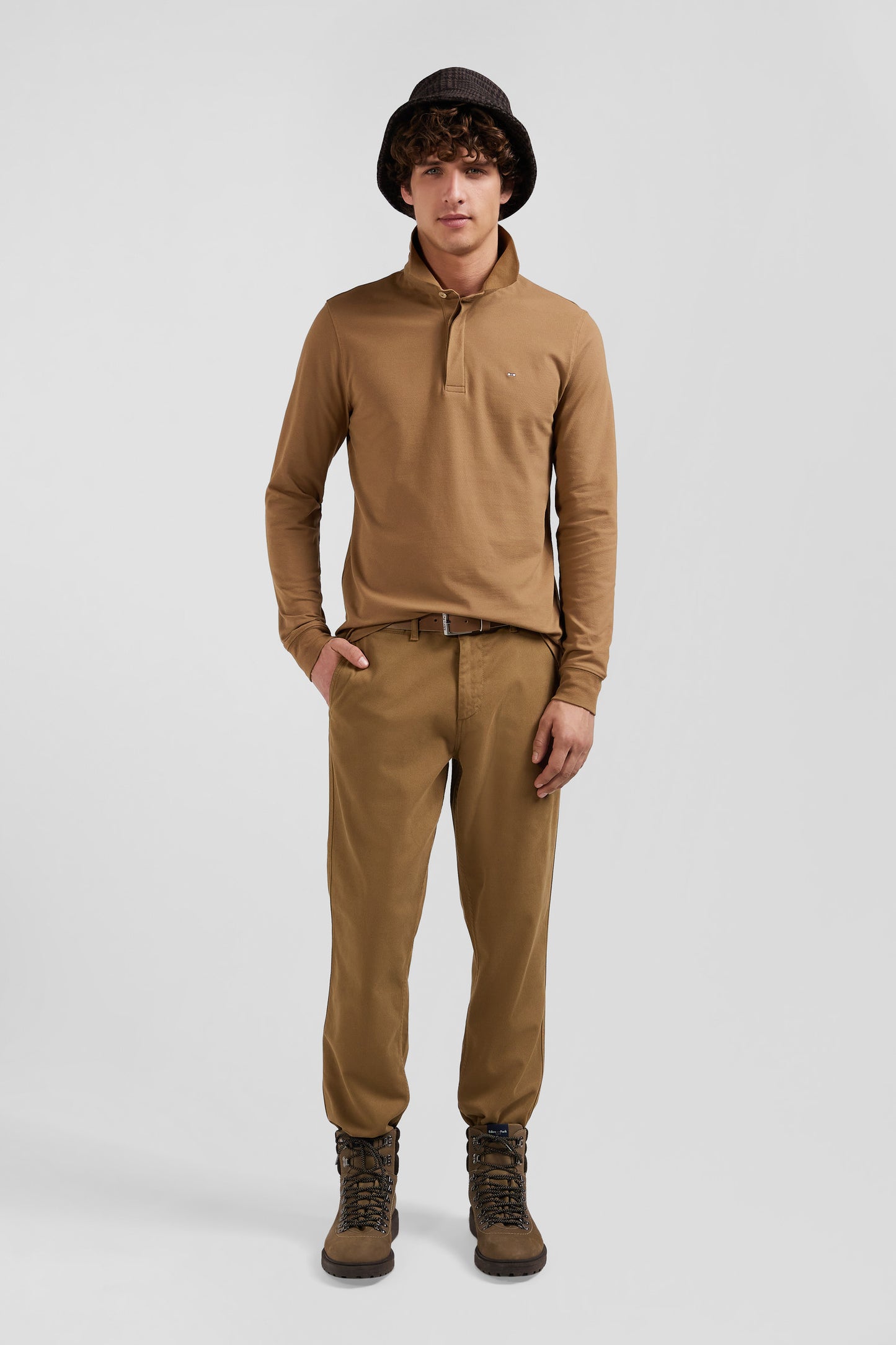 Slim camel long-sleeved cotton piqué polo shirt