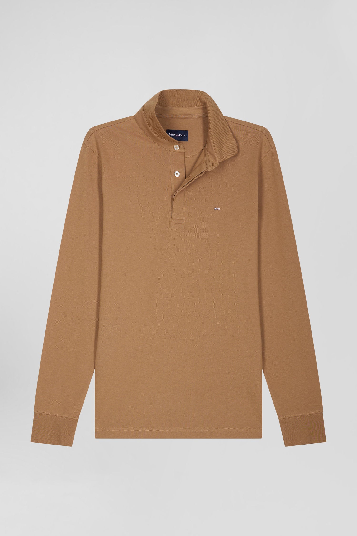 Slim camel long-sleeved cotton piqué polo shirt