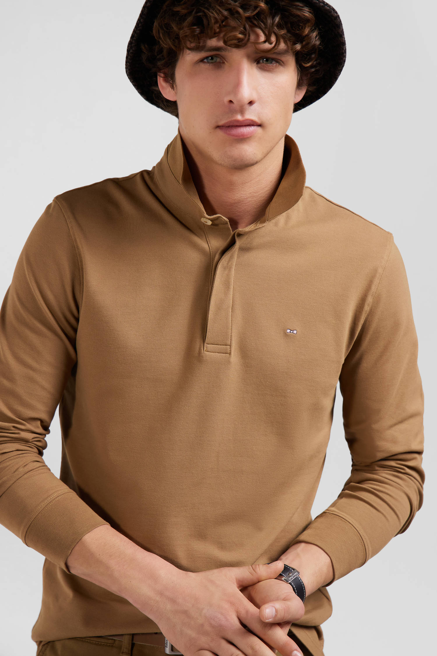 Slim camel long-sleeved cotton piqué polo shirt