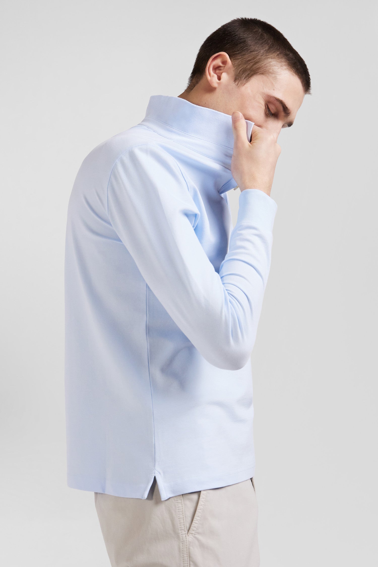 Slim sky blue long-sleeved cotton piqué polo shirt