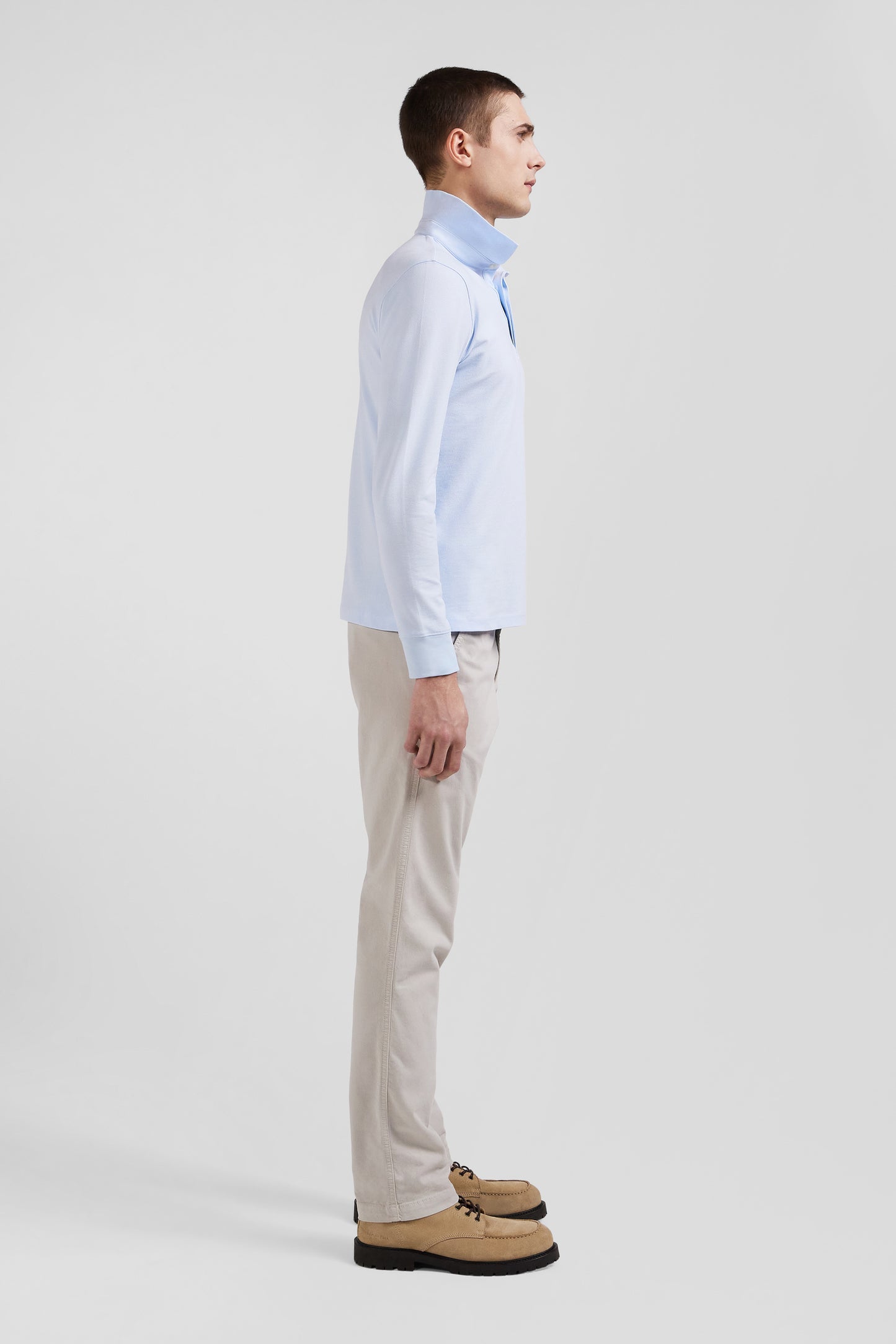 Slim sky blue long-sleeved cotton piqué polo shirt