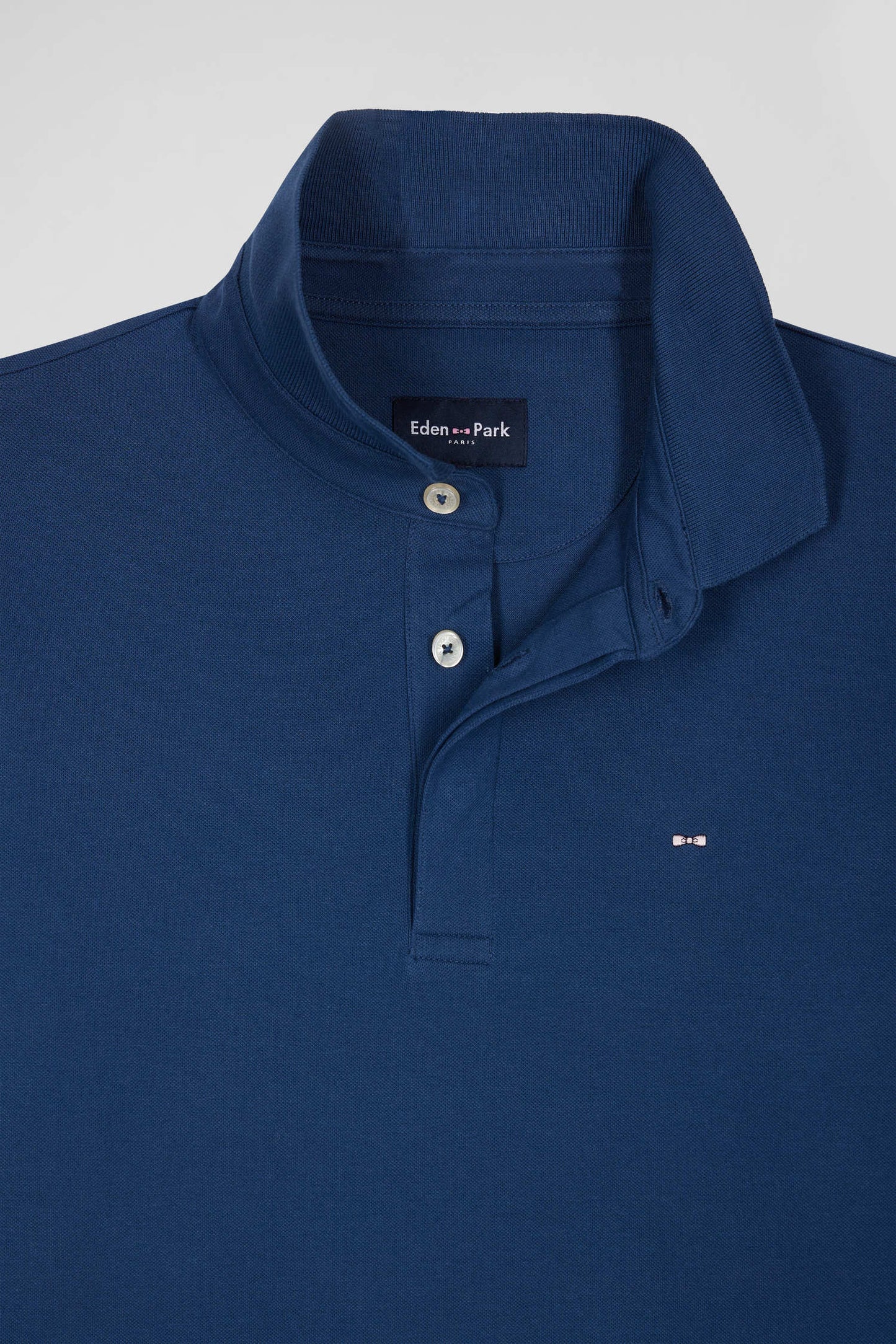 Slim dark blue long-sleeved cotton piqué polo shirt