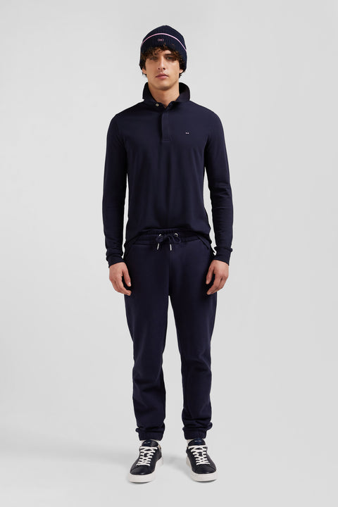 Slim navy blue long-sleeved cotton piqué polo shirt - Image 1