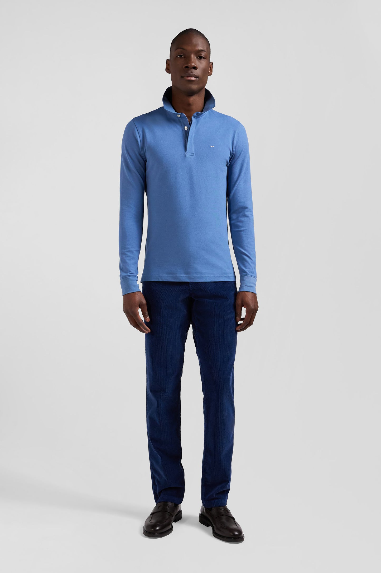 Slim blue long-sleeved cotton piqué polo shirt