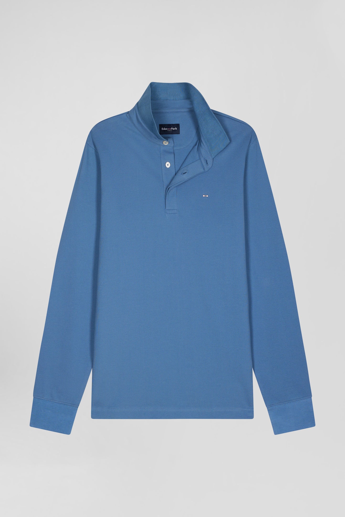 Slim blue long-sleeved cotton piqué polo shirt