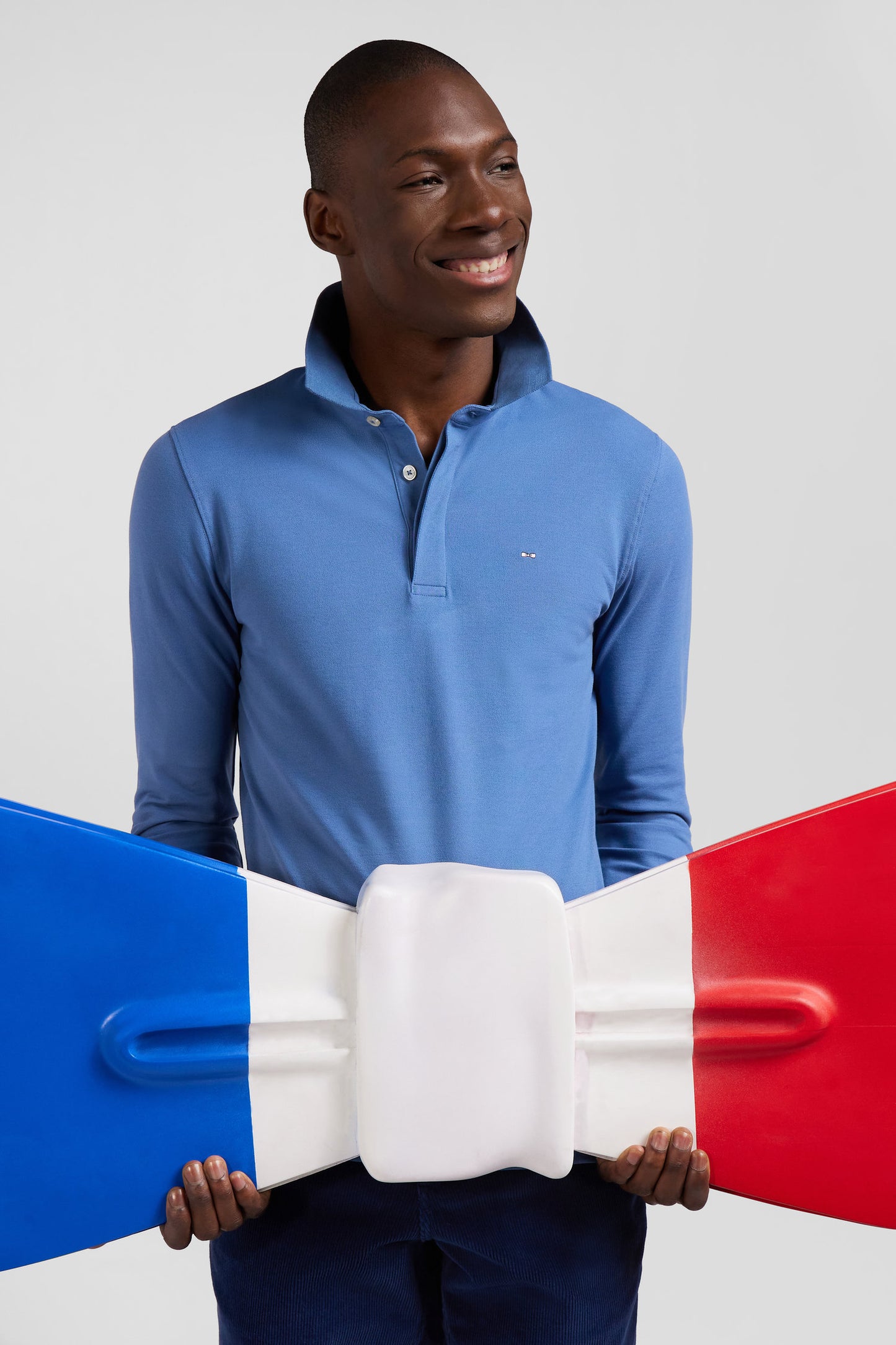 Slim blue long-sleeved cotton piqué polo shirt