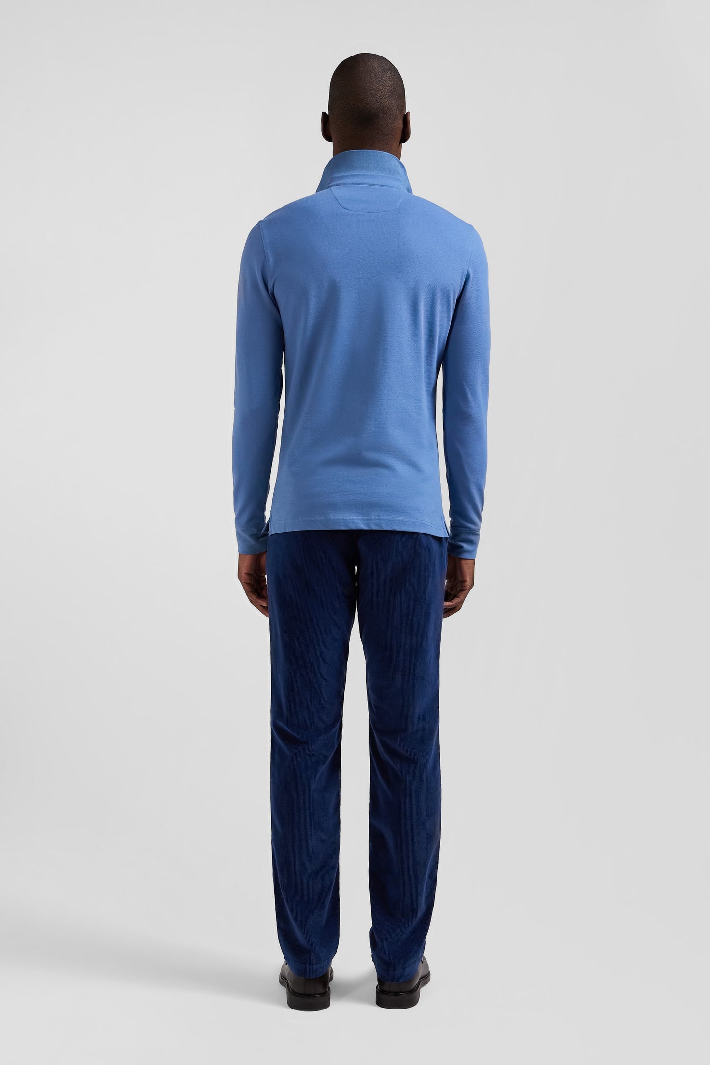 Slim blue long-sleeved cotton piqué polo shirt