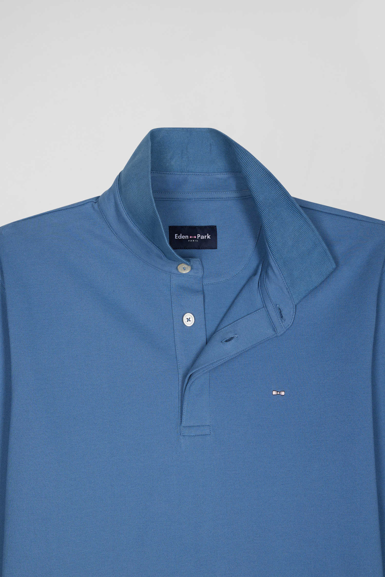 Slim blue long-sleeved cotton piqué polo shirt