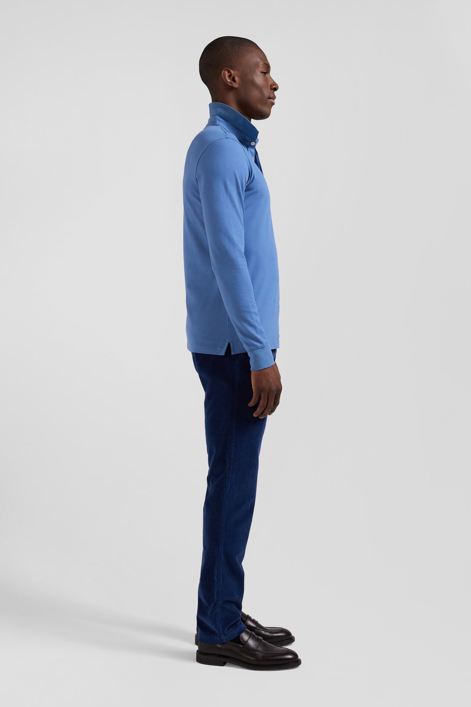 Slim blue long-sleeved cotton piqué polo shirt