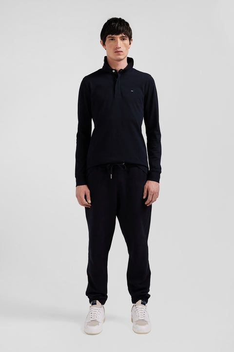 Slim black long-sleeved cotton piqué polo shirt - Image 1