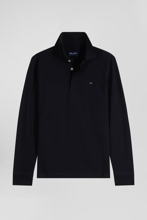 Slim black long-sleeved cotton piqué polo shirt - Image 2