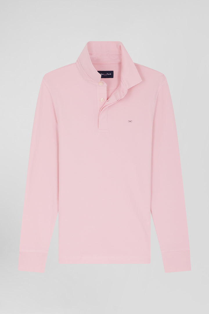 Polo manches longues en piqué coton rose coupe Slim