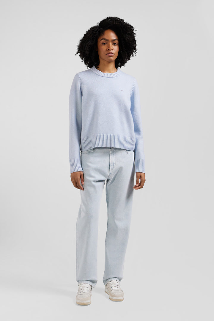 Regular sky blue round-neck wool and cashmere jumper