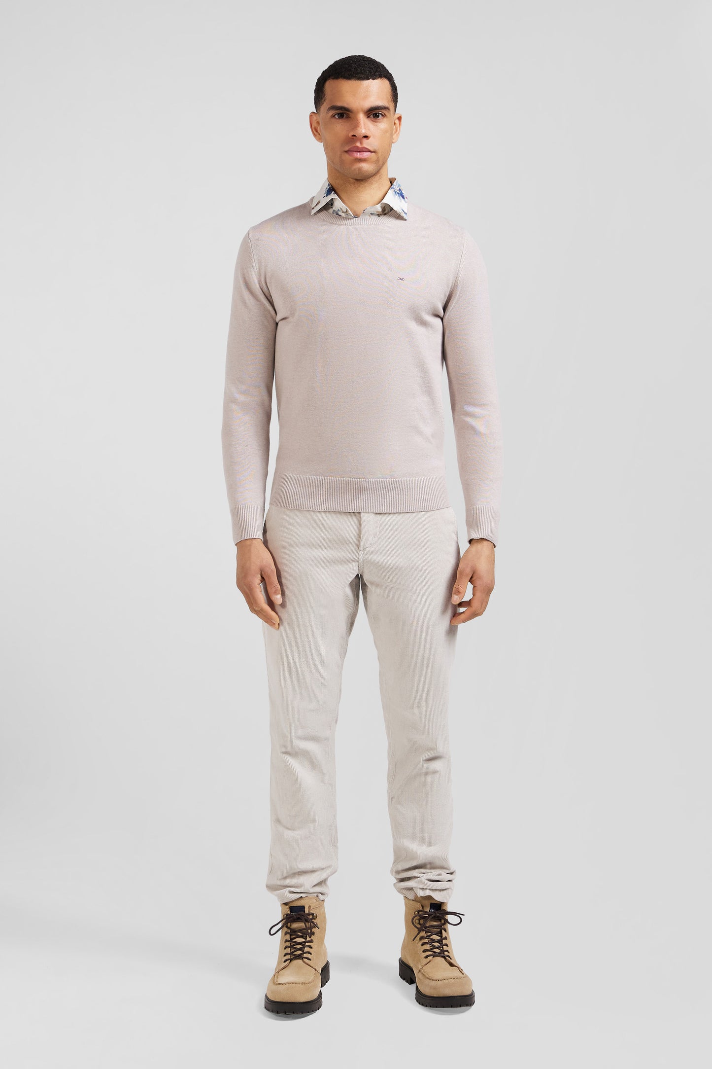 Regular beige wool and cotton crew neck jumper