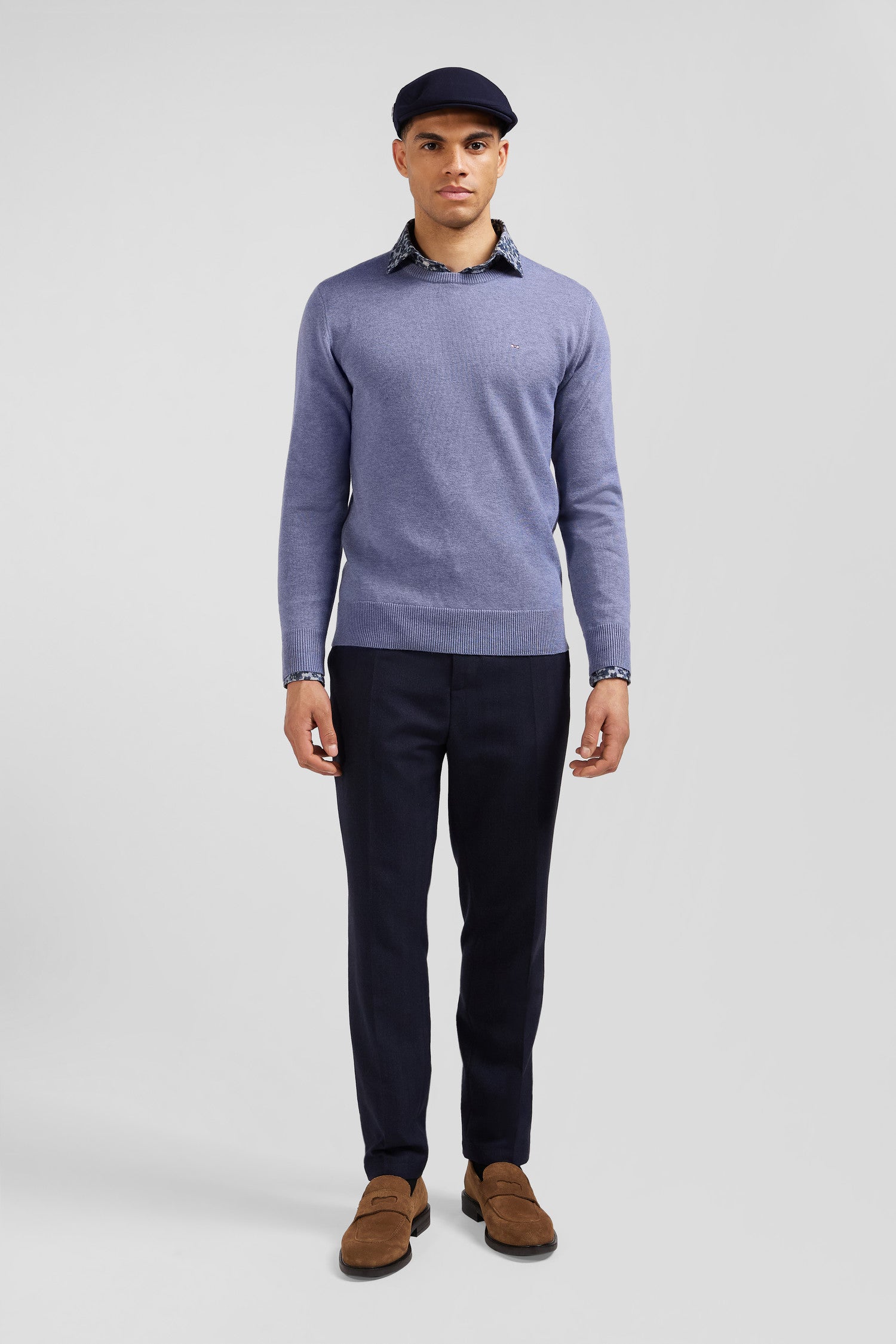 Regular light blue wool and cotton crew neck jumper