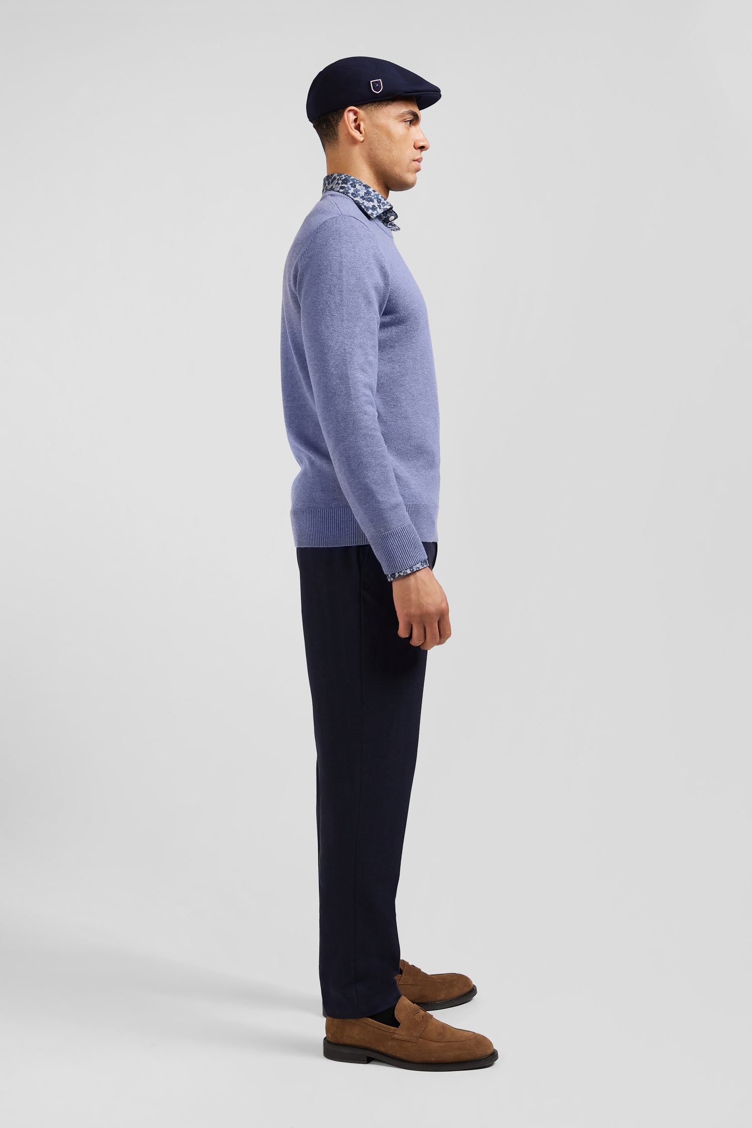 Regular light blue wool and cotton crew neck jumper