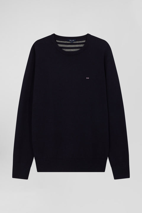 Regular navy blue wool and cotton crew neck jumper - Image 2