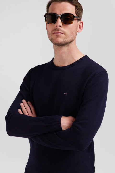 Regular navy blue wool and cotton crew neck jumper - Image 3