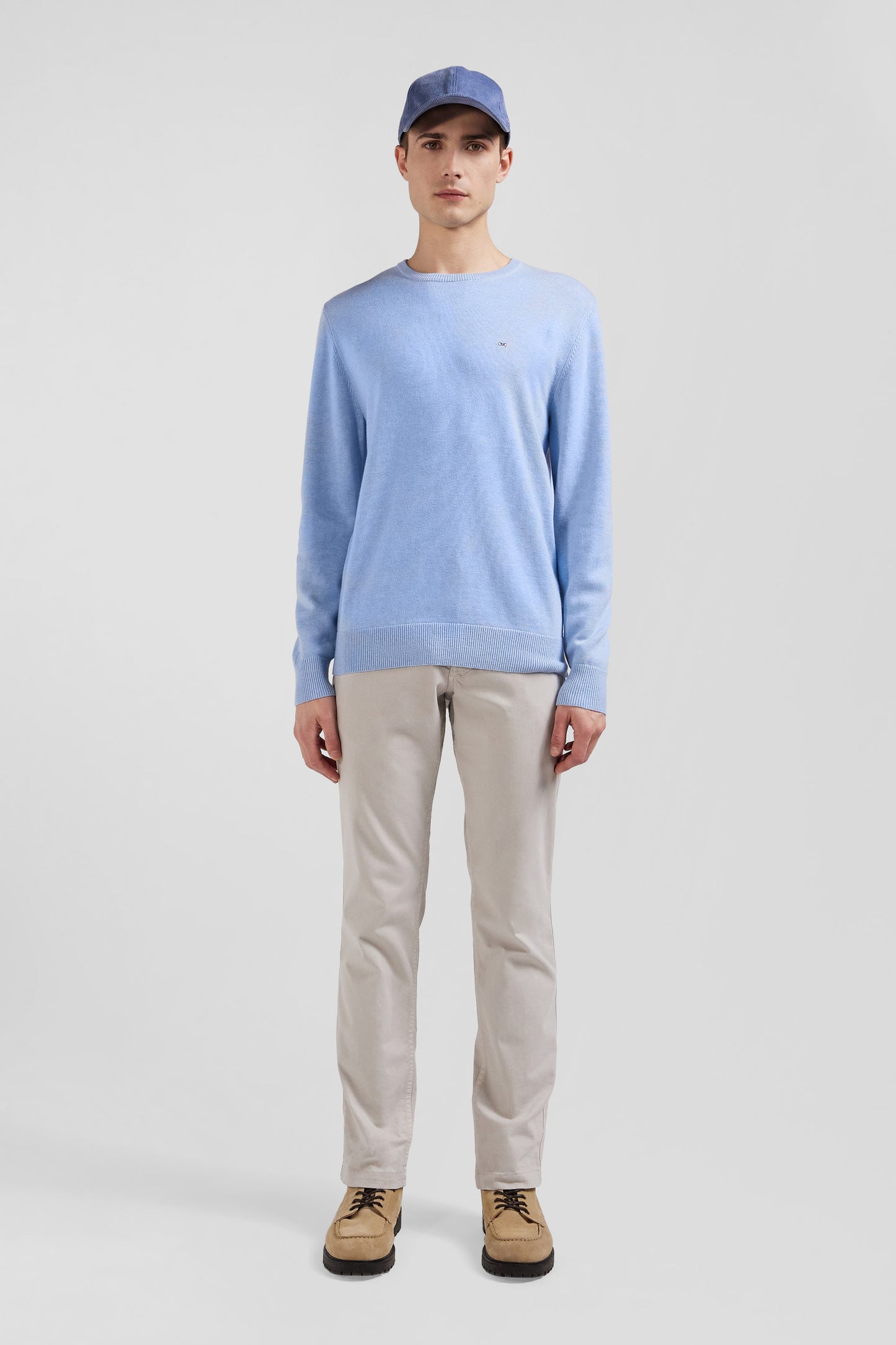 Regular sky blue wool and cotton crew neck jumper