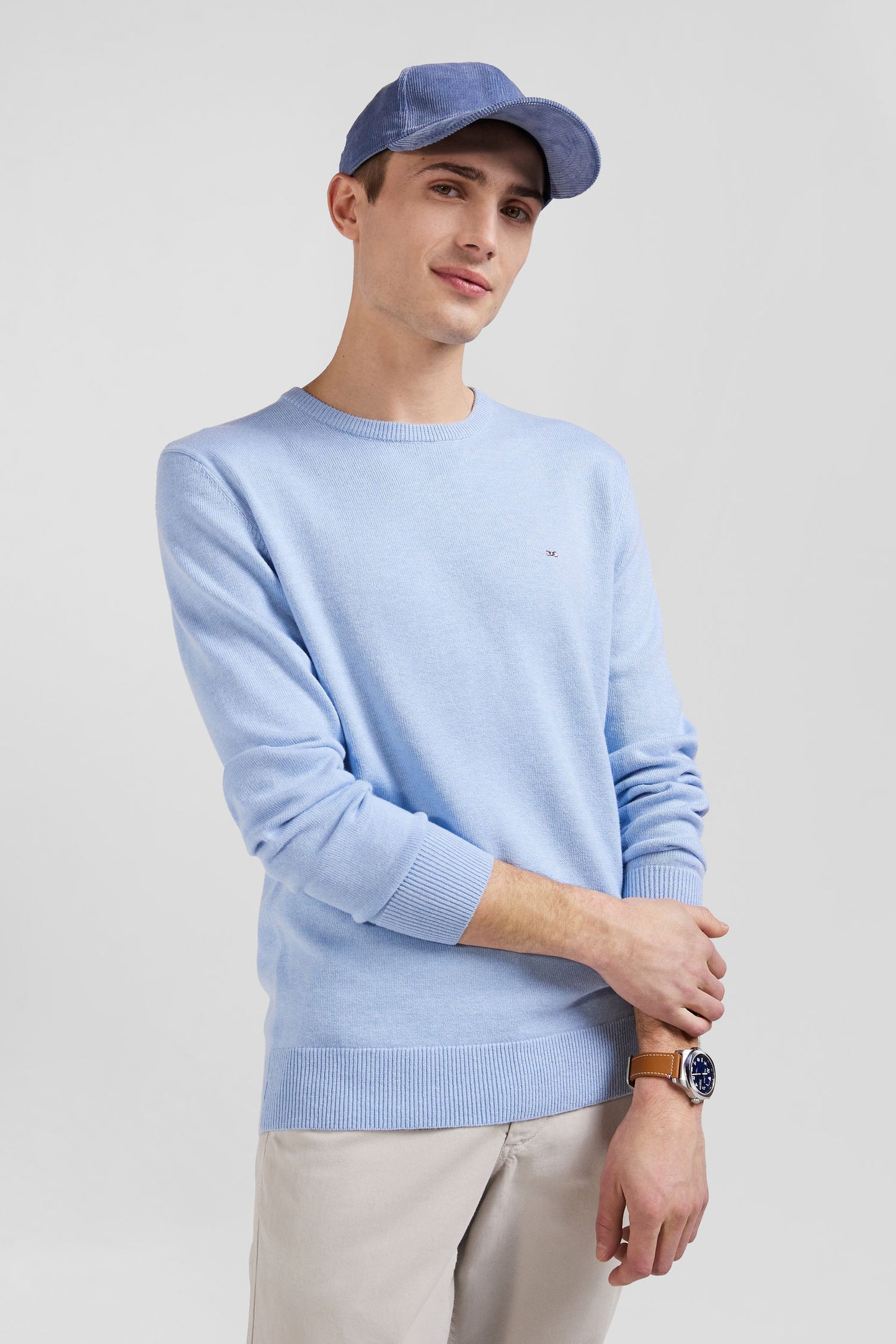 Regular sky blue wool and cotton crew neck jumper