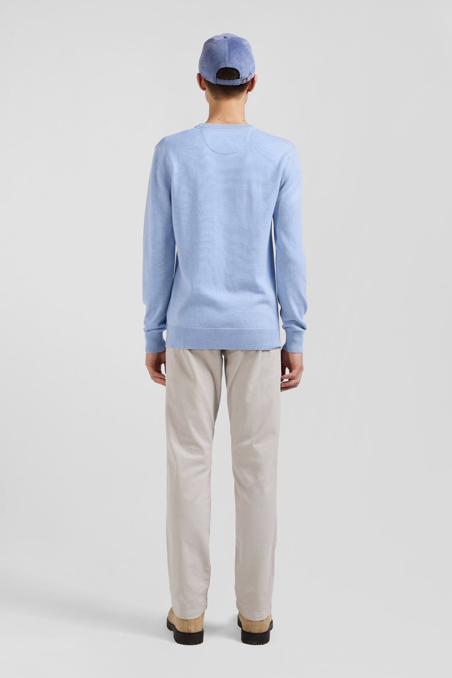 Regular sky blue wool and cotton crew neck jumper